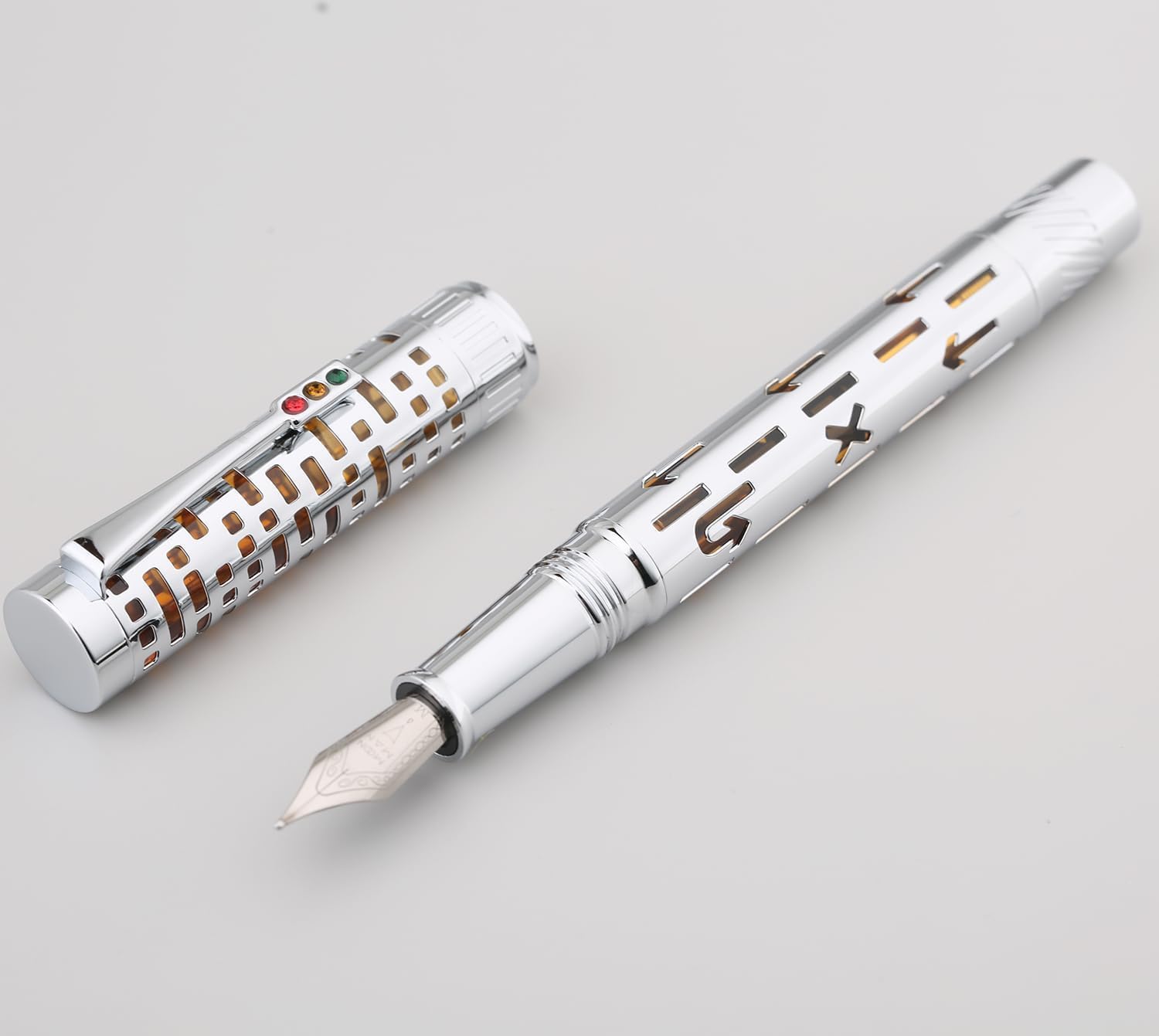 Moonman T6 City Lights Fountain Pen – Silver Skeleton Orange Acrylic Body, Extra Fine / Medium Nib, Piston Filling System
