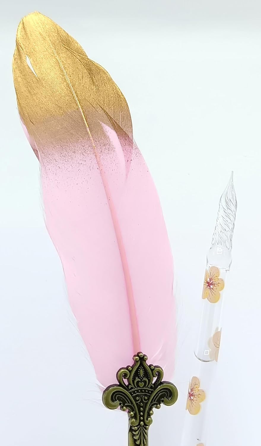 Feather & Crystal Glass Dip Pen Set with 5 Color Inks, Feather Pen, 4 Extra Nibs, Pen Holder, and Ink Cup – Calligraphy Writing & Creative Art Set