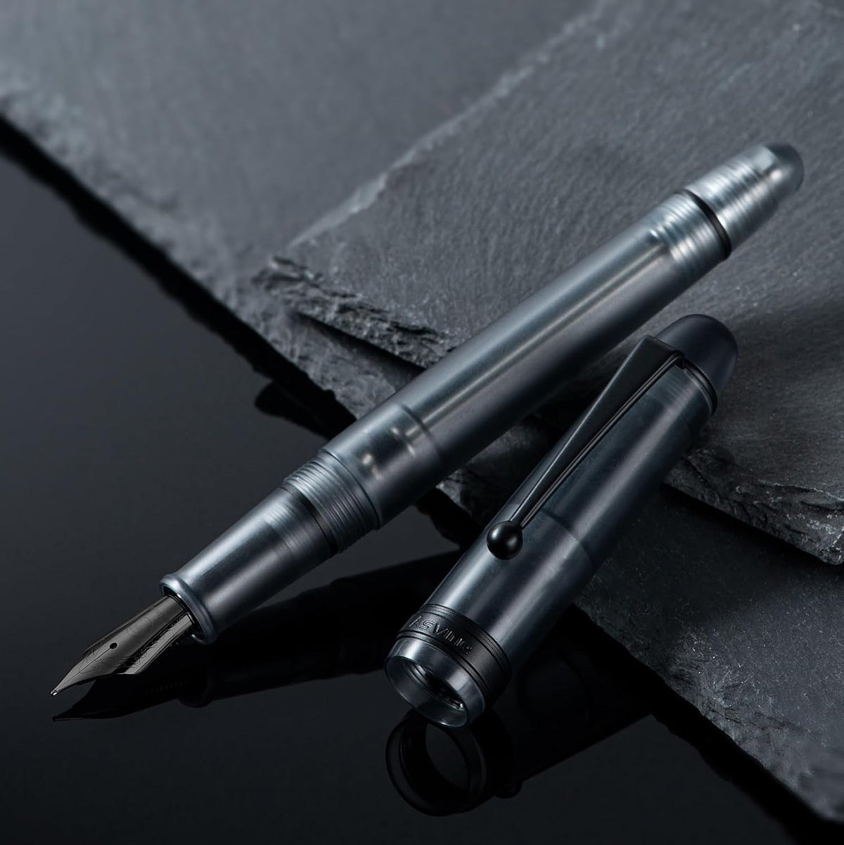Asvine V126 Matt Black Vacuum Filling Fountain Pen, Black Trim Demonstrator