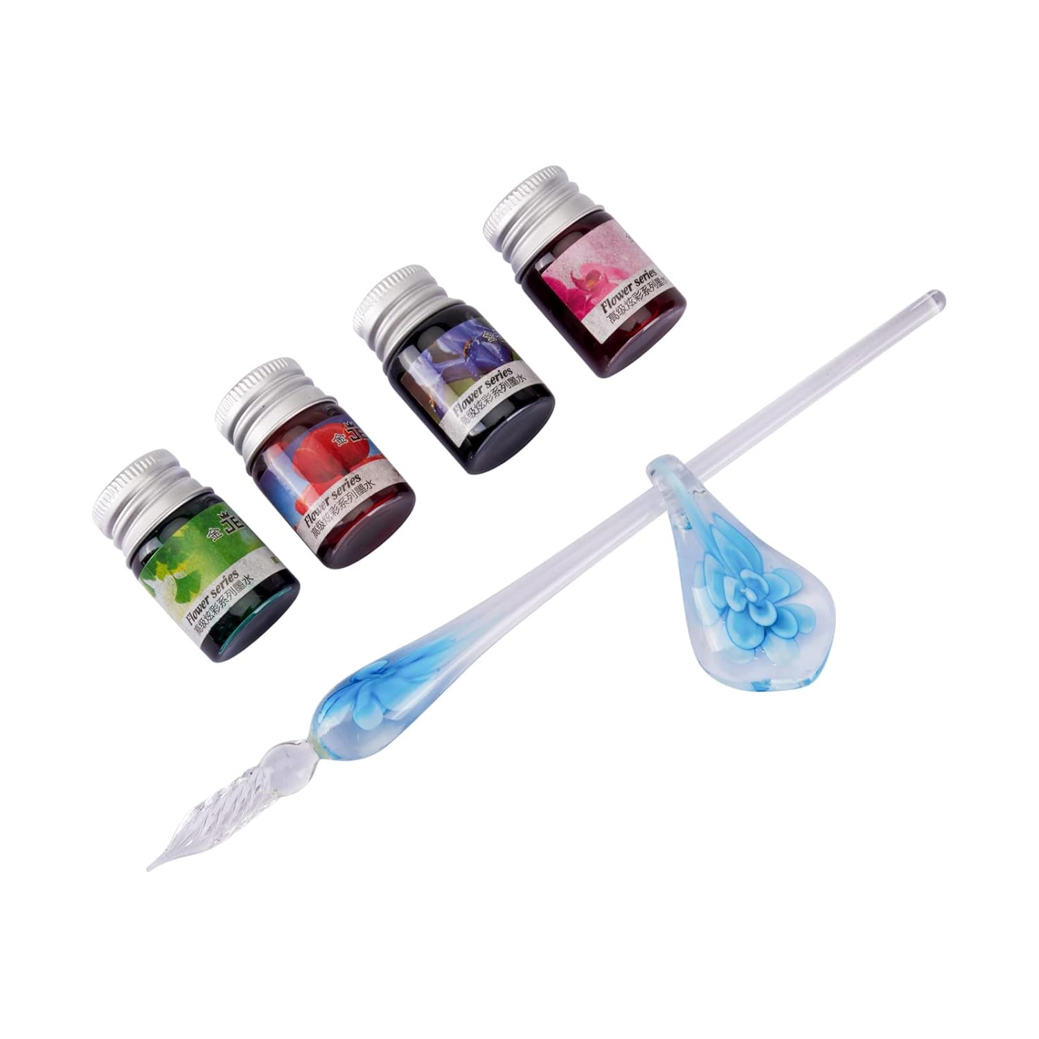 Glass Dip Pen Set – Multicolor Flower Design Glass Pen with 4 Mini Ink Bottle, Pen Holder With Flower Design & Gift Box