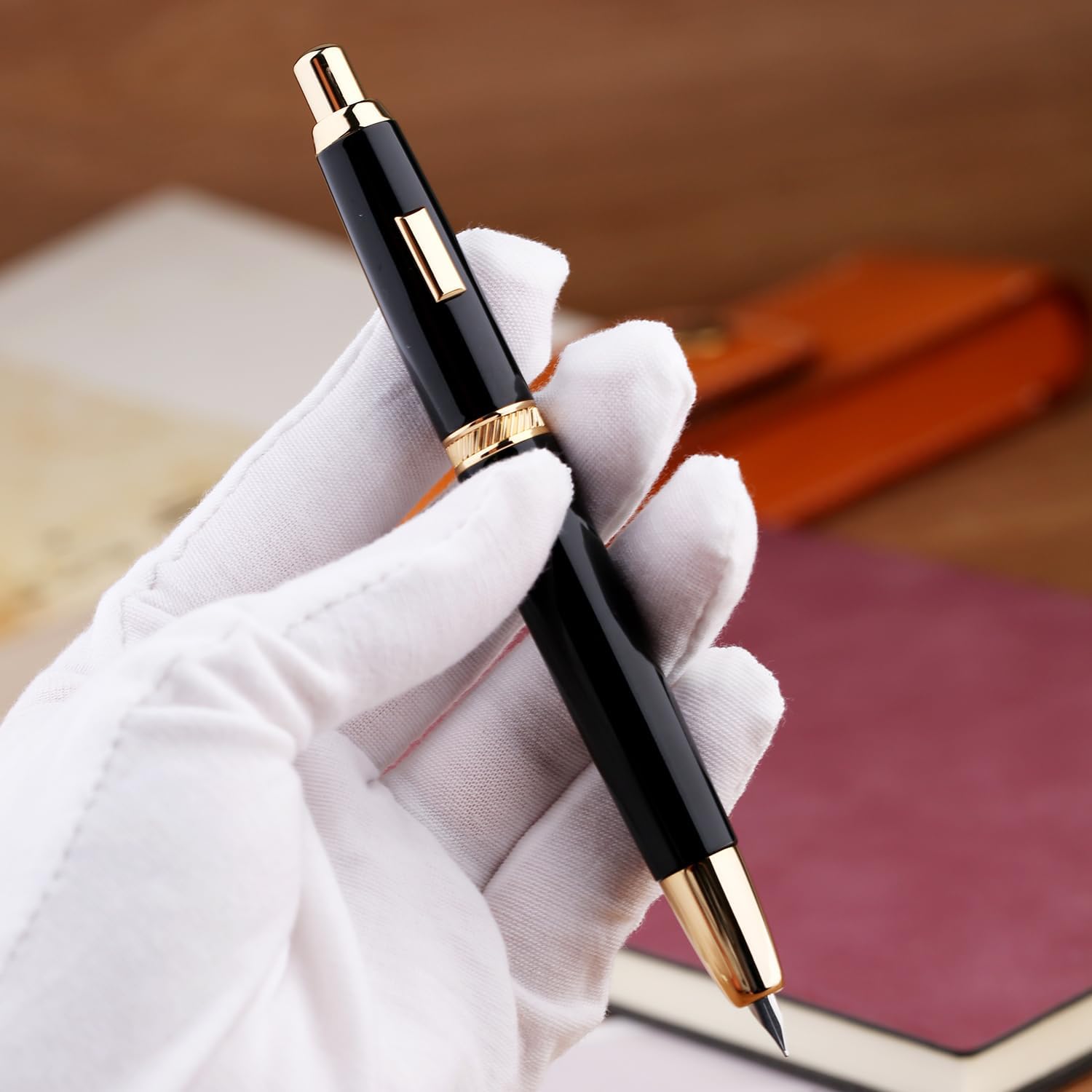 Moonman A1 Press Fountain Pen – Fine Nib Retractable Black & Gold Writing Set with Converter (No Clip Version)