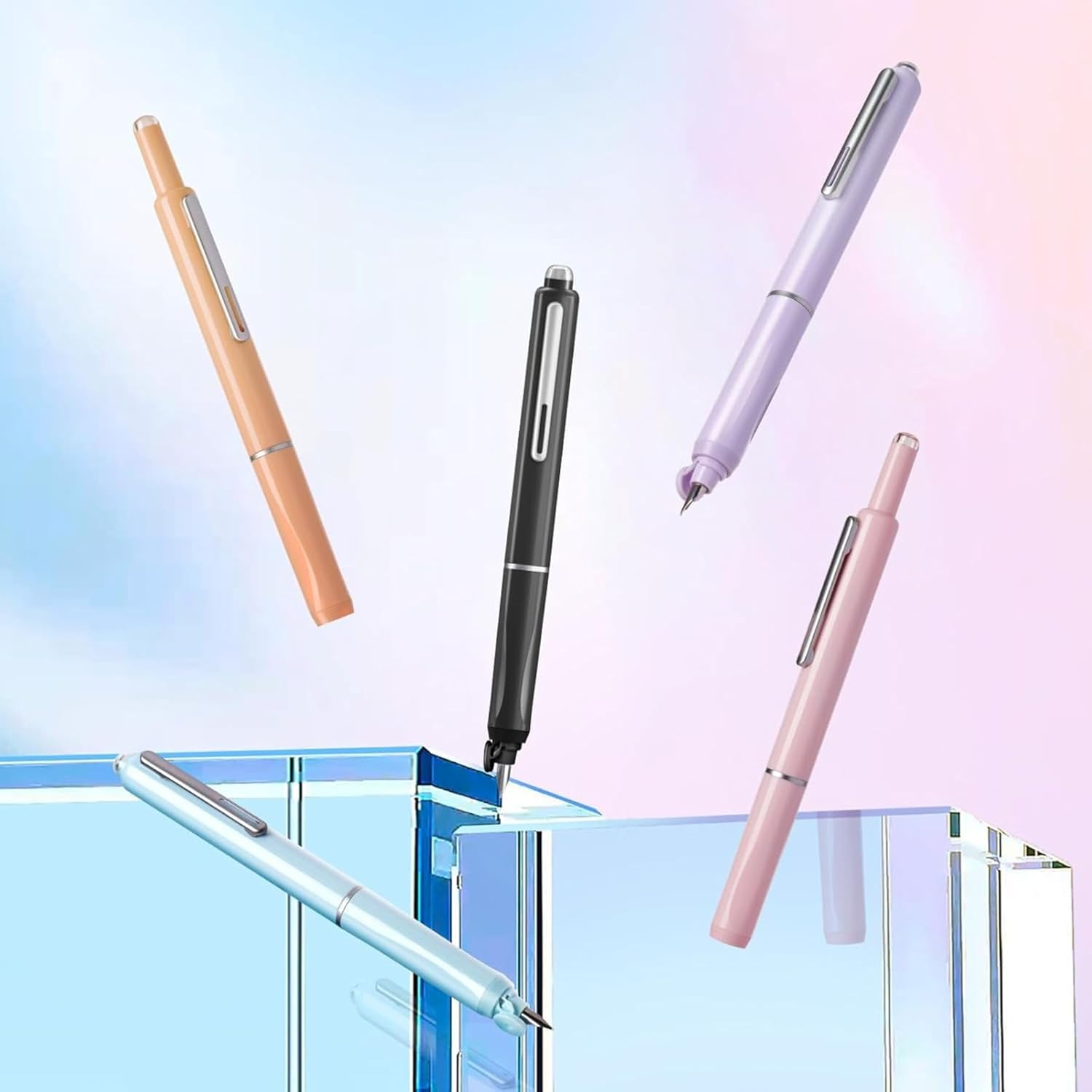 Dian Shi 1784 – Retractable Fountain Pen with 0.38mm Extra Fine Nib – Smooth Writing, 5 Blue Ink Refills (Light Pink)