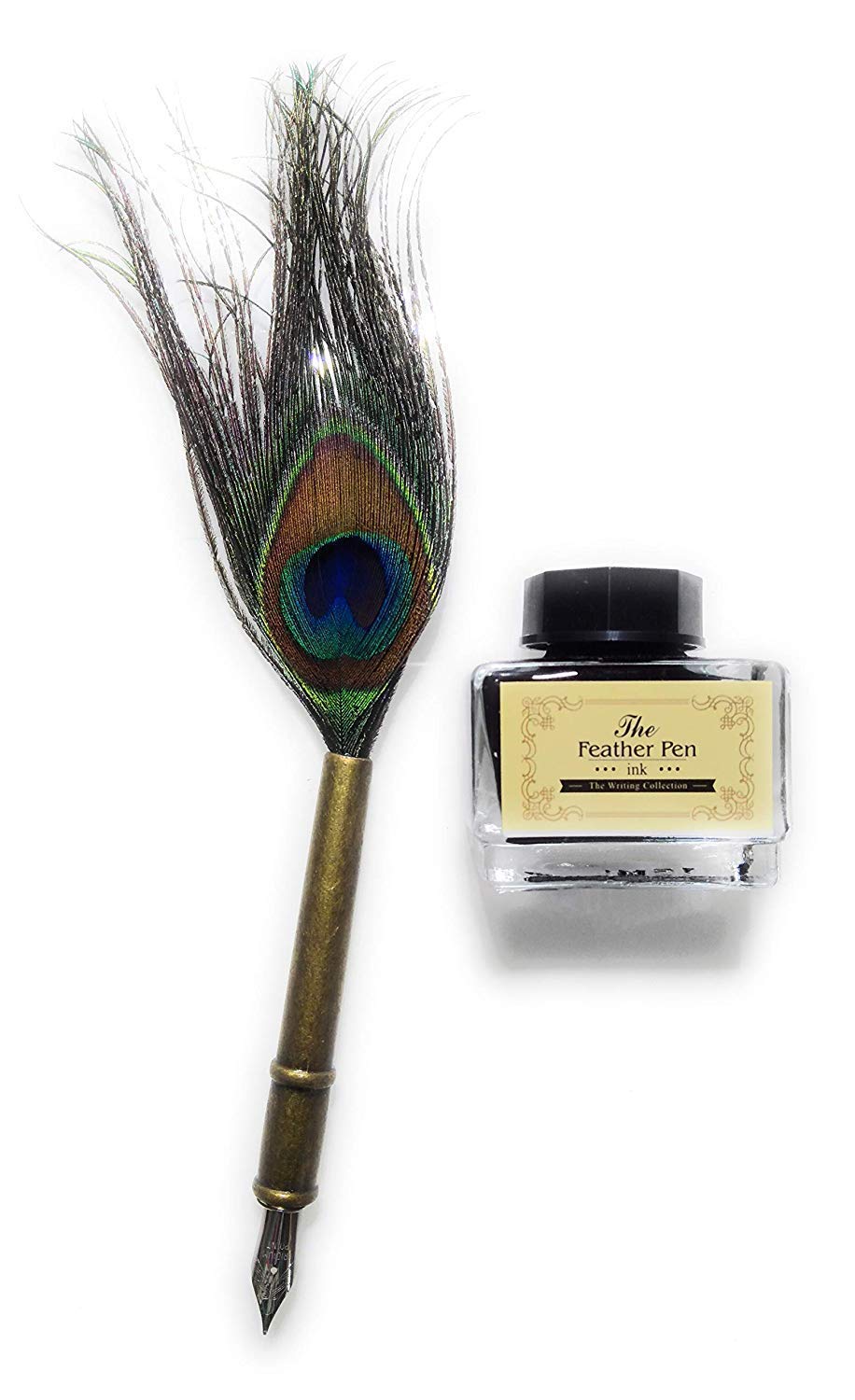 Peacock Feather Quill Dip Pen 0.5mm Fine NibWriting Ink Set with Gift Box – Copper Stationery Set for Calligraphy & Creative Writing