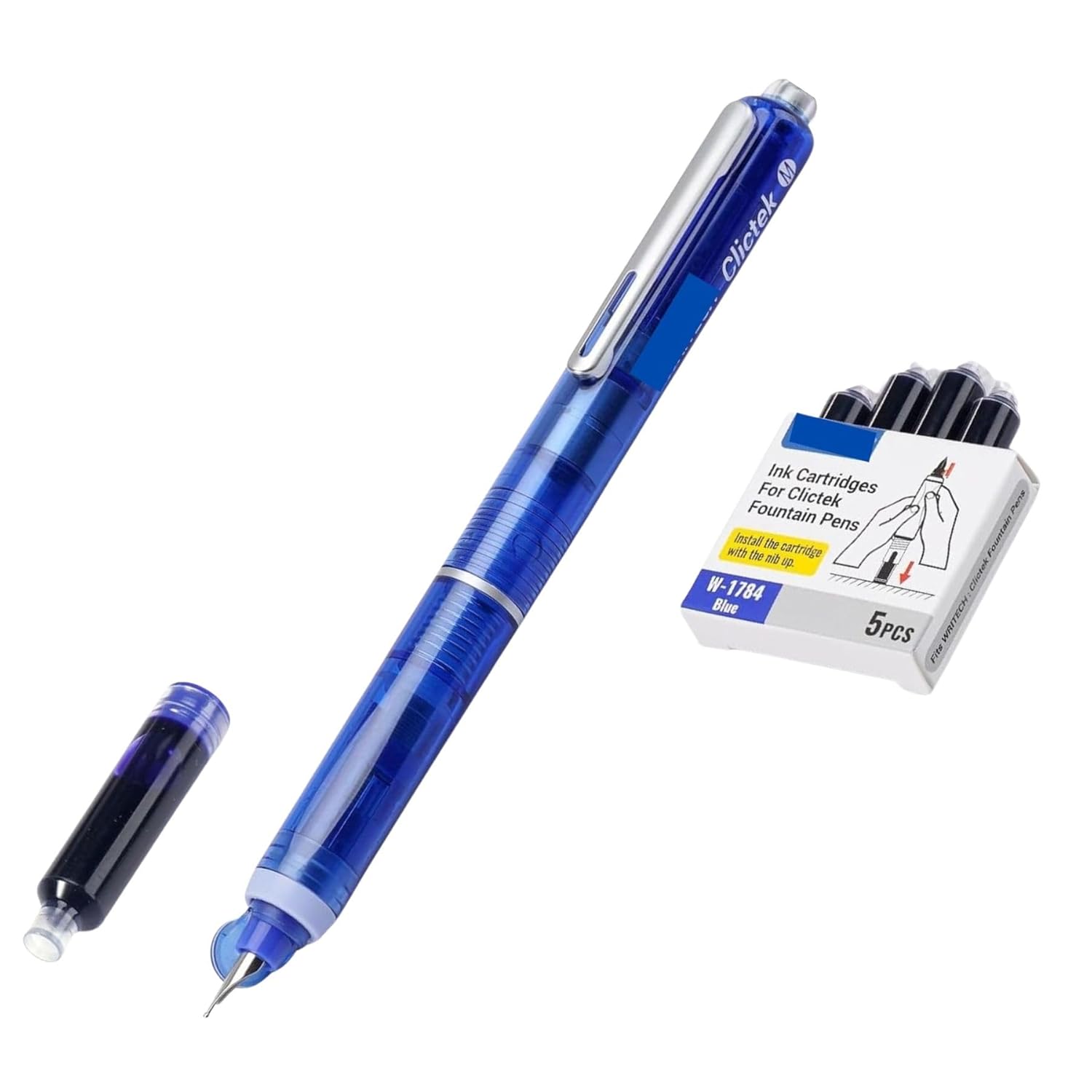 Dian Shi 1784 - Retractable Fountain Pen with 0.38mm Extra Fine Nib – Transparent Body, Smooth Writing, 5 Blue Ink Refills (Blue)