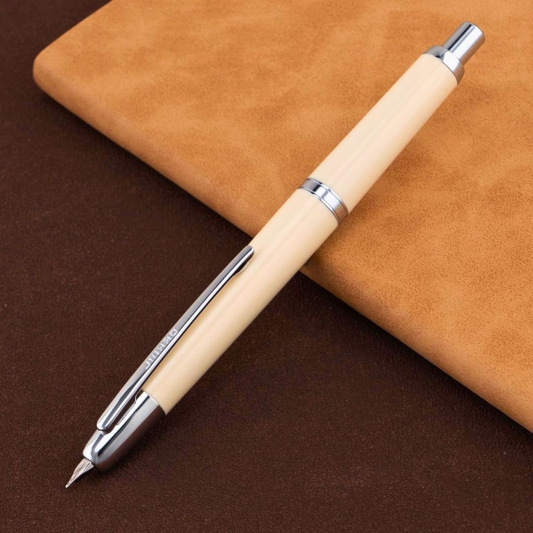 Jinhao 20 Press Retractable Fountain Pen –Ivory White Colors – Plastic Body(Silver Clip) –  Fine & Extra Fine Nib with Converter –Smooth Writing Daily Pen (No Ink Included)