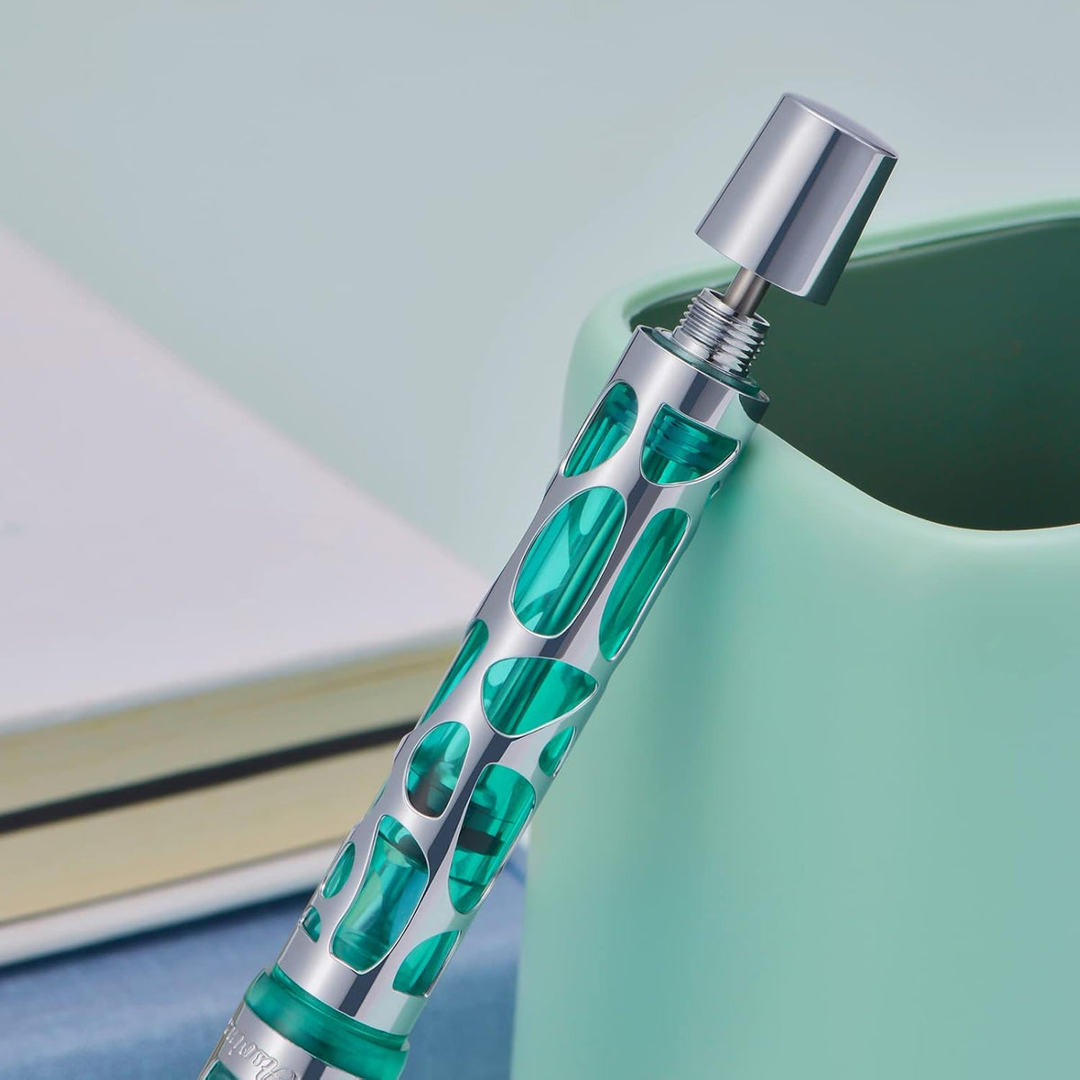 Asvine V169 Silver Green Skeleton Fountain Pen, Vacuum Filling, Metal Body