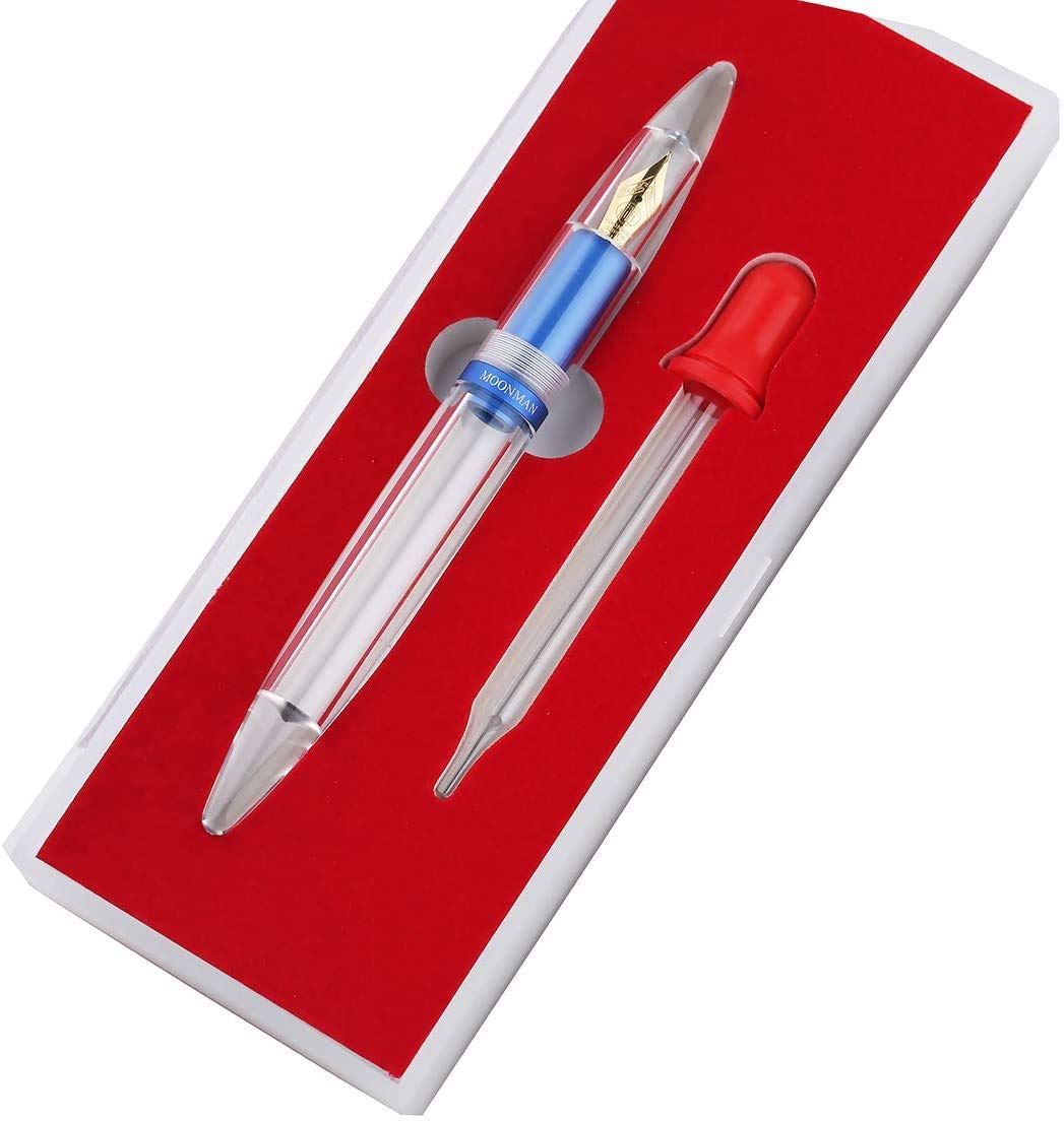 Moonman M2 Fountain Pen Metallic Blue Transparent Eye Dropper Filling Large-Capacity Ink Storing, Fine Nib Gift Set