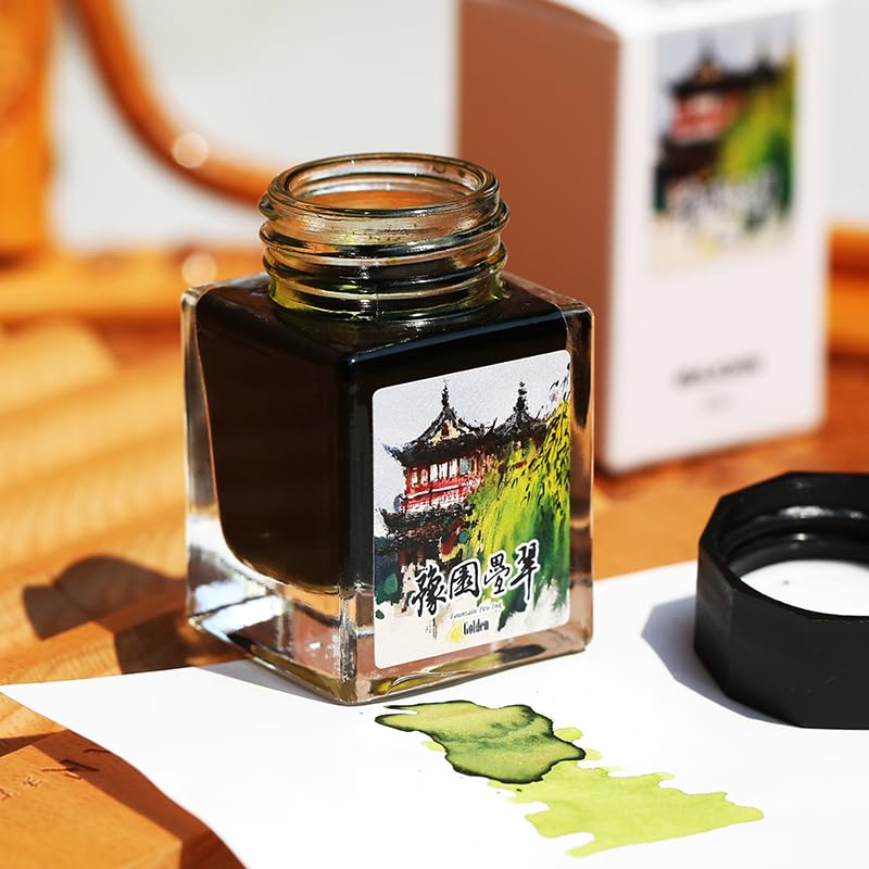 Moonman Magic City Olive Green Gold Powder Shimmer Fountain Pen Ink – Yu Garden, 20ml Bottled Ink for Calligraphy, Journaling & Creative Writing