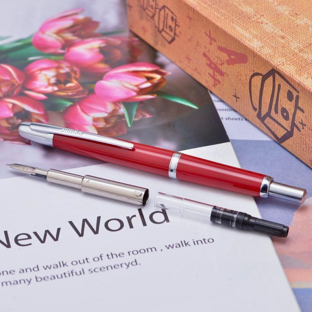 Jinhao 20 Press Retractable Fountain Pen –Palace Red Colors – Plastic Body(Silver Clip) – Fine & Extra Fine Nib with Converter –  Smooth Writing Daily Pen (No Ink Included)