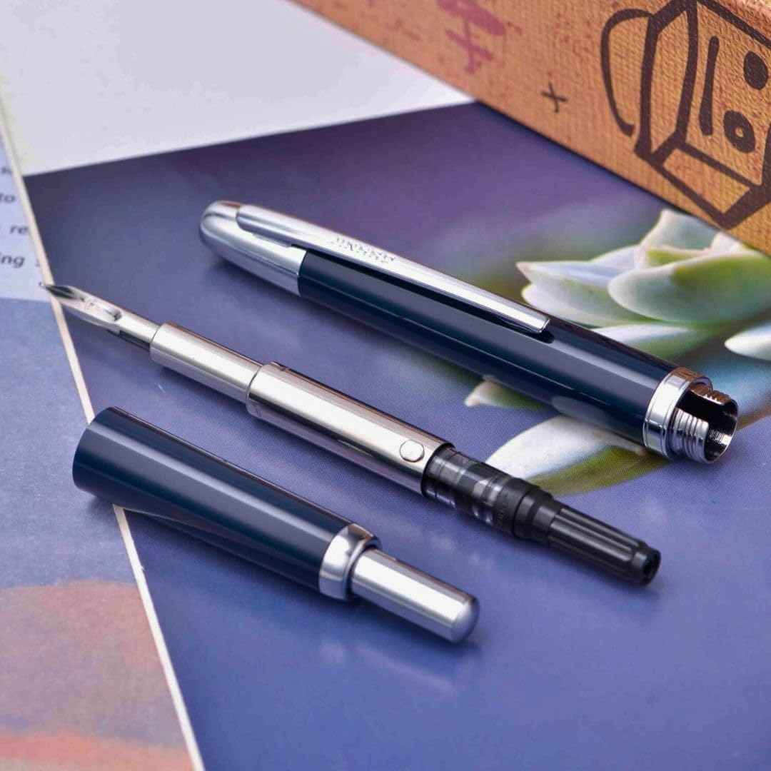 Jinhao 20 Press Retractable Fountain Pen –Dark Blue Colors –Plastic Body(Silver Clip) – Fine & Extra Fine Nib with Converter –  Smooth Writing Daily Pen (No Ink Included)