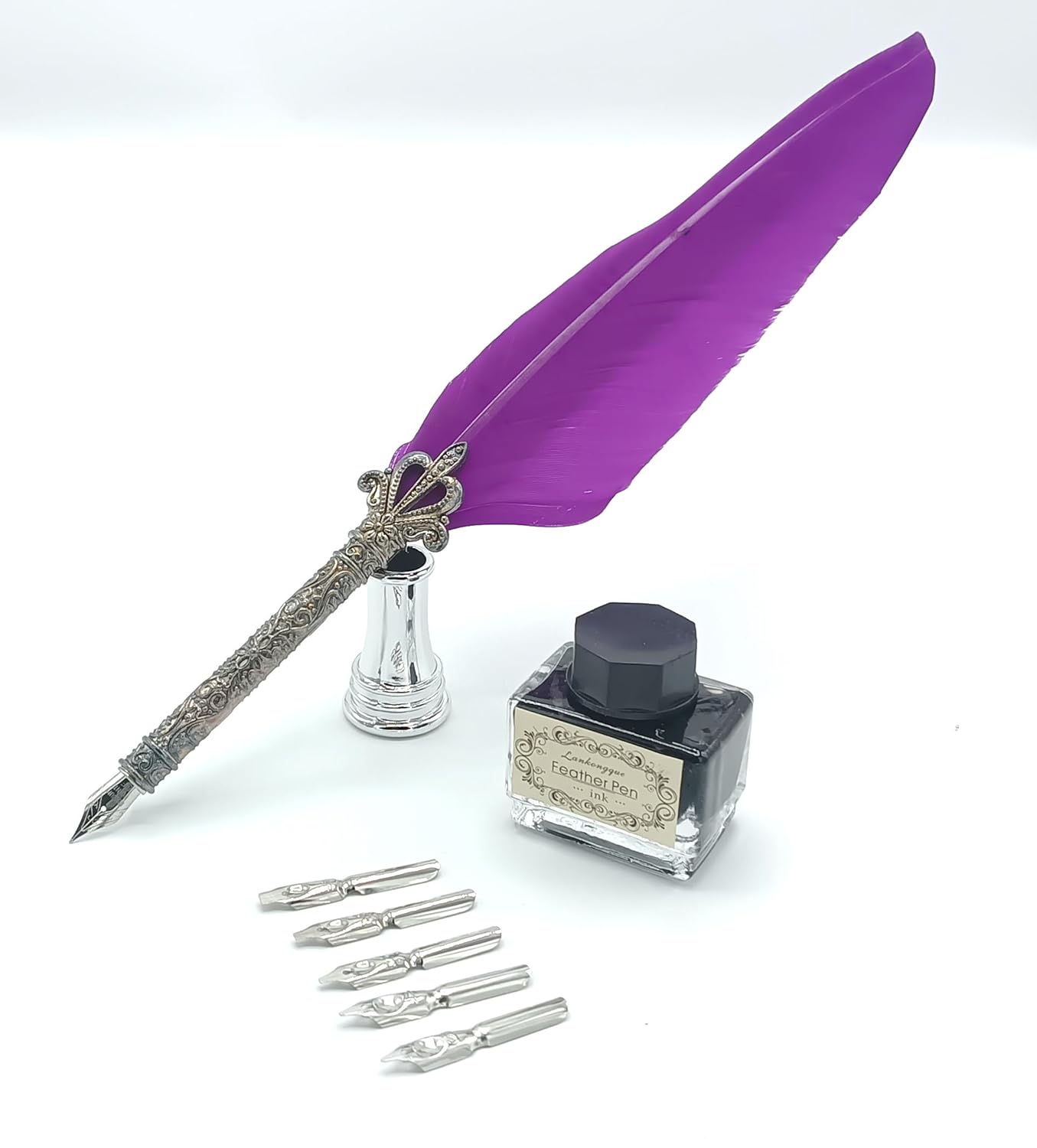 Quill Feather Pen Calligraphy Set – Antique Dip Quill Fountain Pen with 5 Replacement Nibs, 15ml Ink Bottle, Pen Holder & Writing Accessories – Vintage Stationery Gift Box (Grey / Red / Violet / Light Green / Blue)