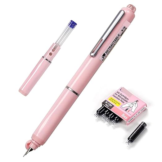 Dian Shi 1784 – Retractable Fountain Pen with 0.38mm Extra Fine Nib – Smooth Writing, 5 Blue Ink Refills (Light Pink)