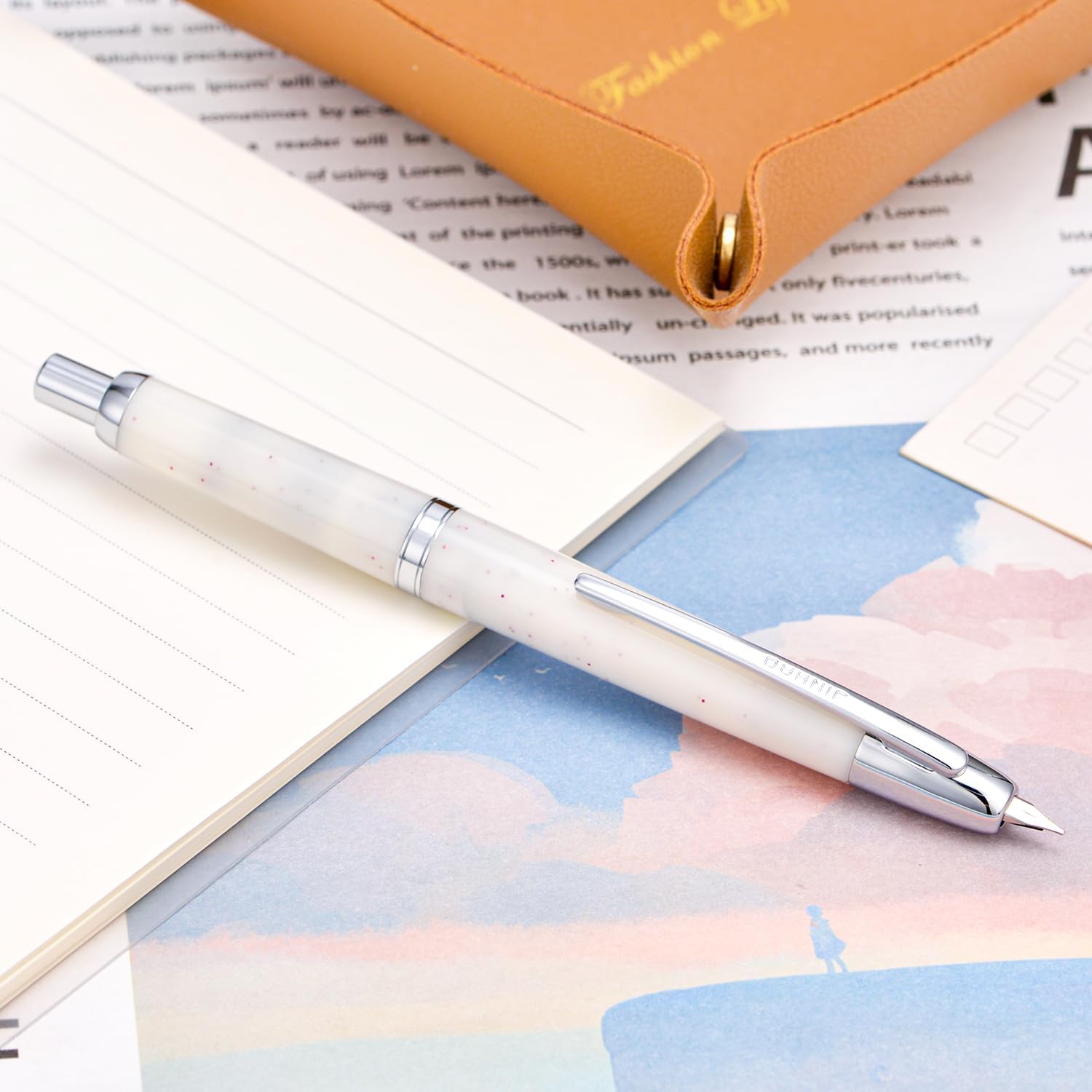 Jinhao 20 Retractable Fountain Pen – Winter Snow- Plastic Body(Silver clip) – Fine Nib with Converter – Smooth Writing Daily Pen