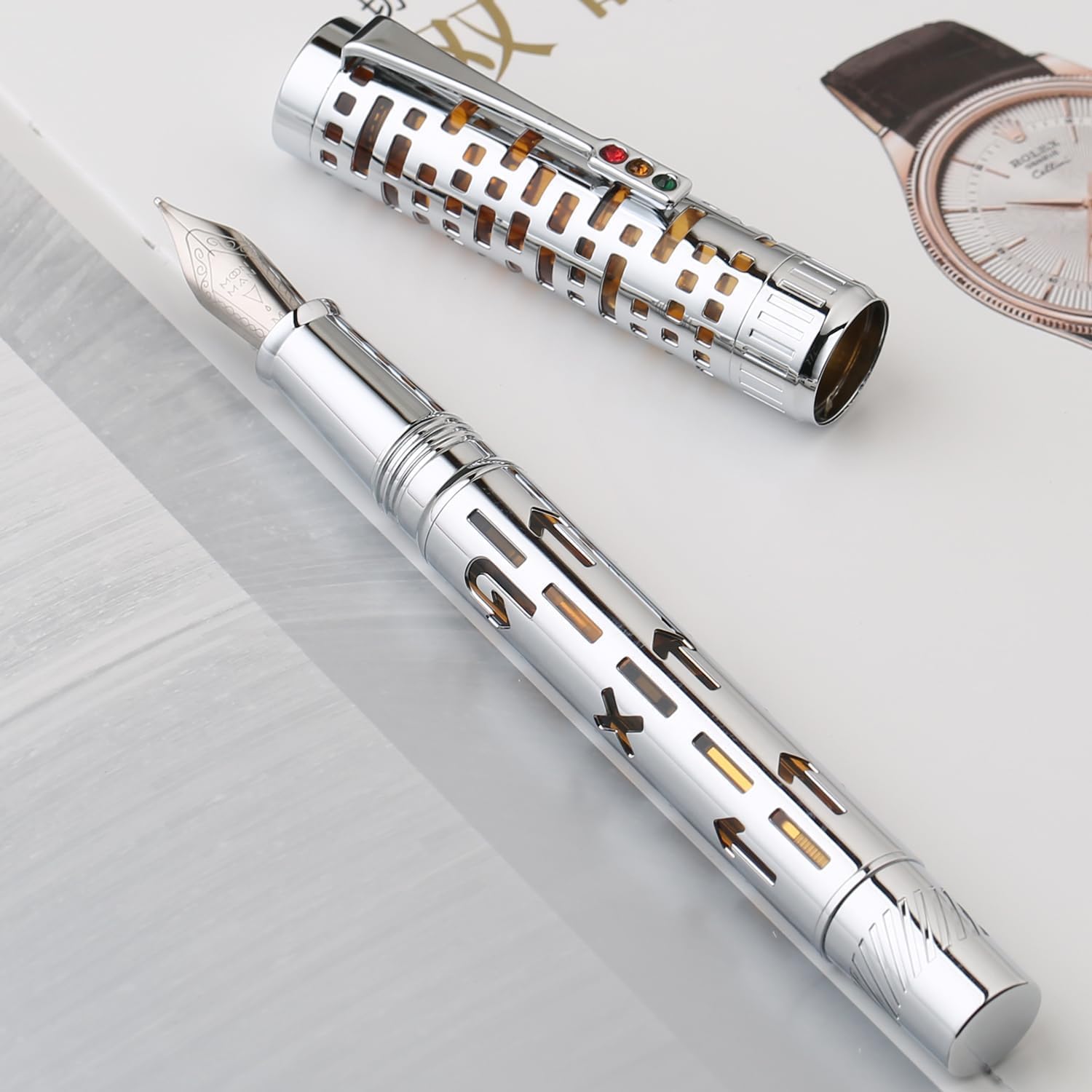 Moonman T6 City Lights Fountain Pen – Silver Skeleton Orange Acrylic Body, Extra Fine / Medium Nib, Piston Filling System