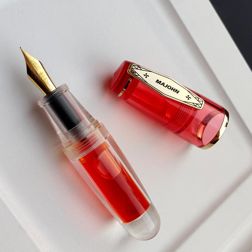 Moonman Q3 Mini Eyedropper Fountain Pen, Transparent Resin Short Pocket Pen, Iridium Fine Nib Large Capacity Writing Pen Case Set (Red)