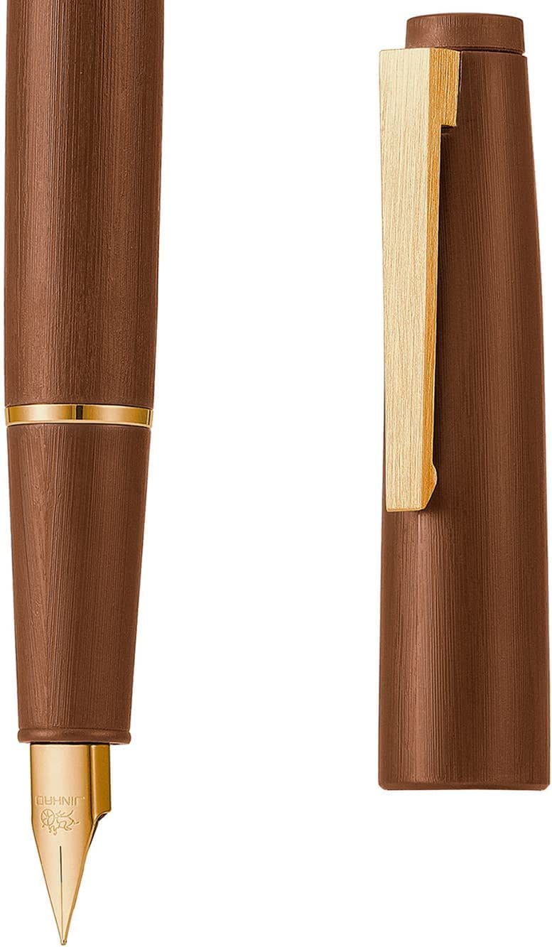 Jinhao 80 Brown Fiber Brushed Fountain Pen, Iridium Extra Fine and Fine Gold Nib with Ink Converter and Pen Set (Gold Clip)