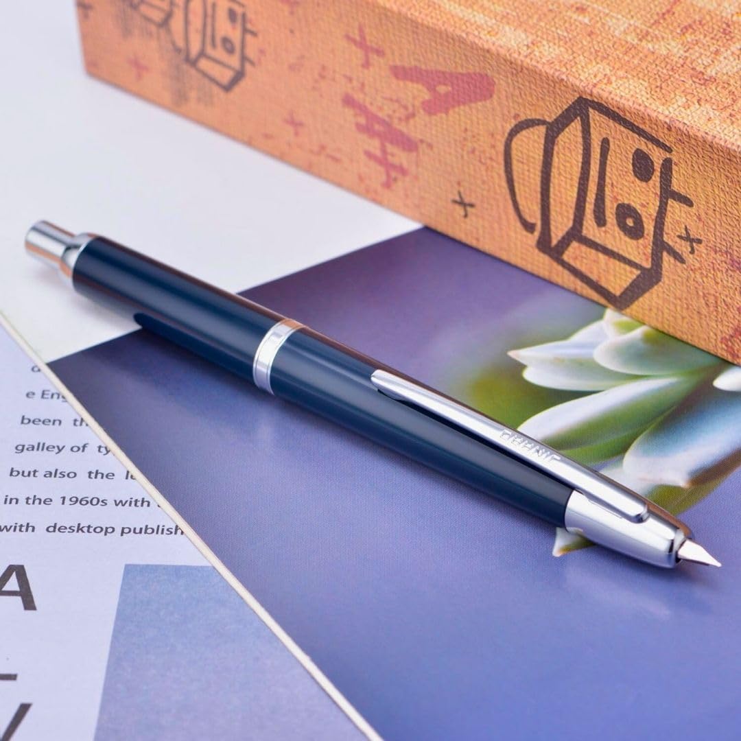Jinhao 20 Press Retractable Fountain Pen –Dark Blue Colors –Plastic Body(Silver Clip) – Fine & Extra Fine Nib with Converter –  Smooth Writing Daily Pen (No Ink Included)
