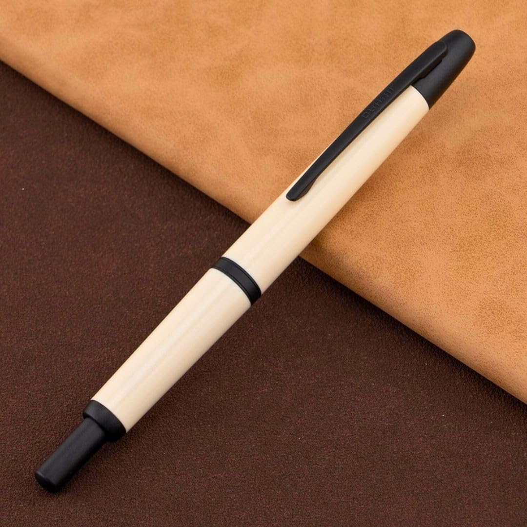 Jinhao 20 Press Retractable Fountain Pen – Ivory White Colors – Plastic Body (Black clip) -Fine & Extra Fine Nib with Converter –Smooth Writing Daily Pen (No Ink Included)