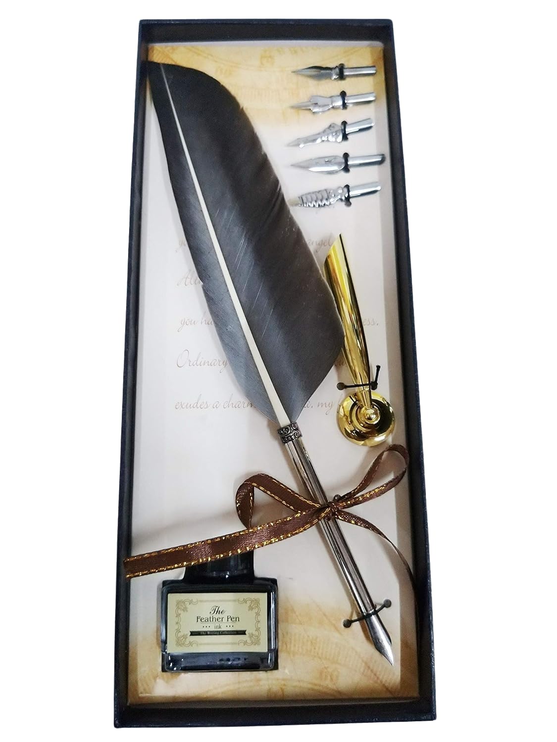 Calligraphy Feather Dip Quill Pen Writing Ink Set – Antique Feather Pen with 5 Nibs, Ink Bottle & Pen Holder – Elegant Stationery Gift Box (Green / Violet / Black)