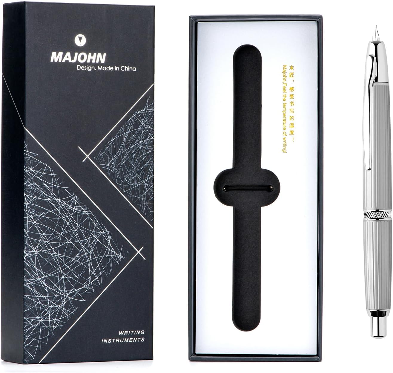 Moonman A1 Retractable Fountain Pen with Box, Press Extra Fine Nib Metal White Stripe Ink Pen with Converter Writing Set (With Clip Version)