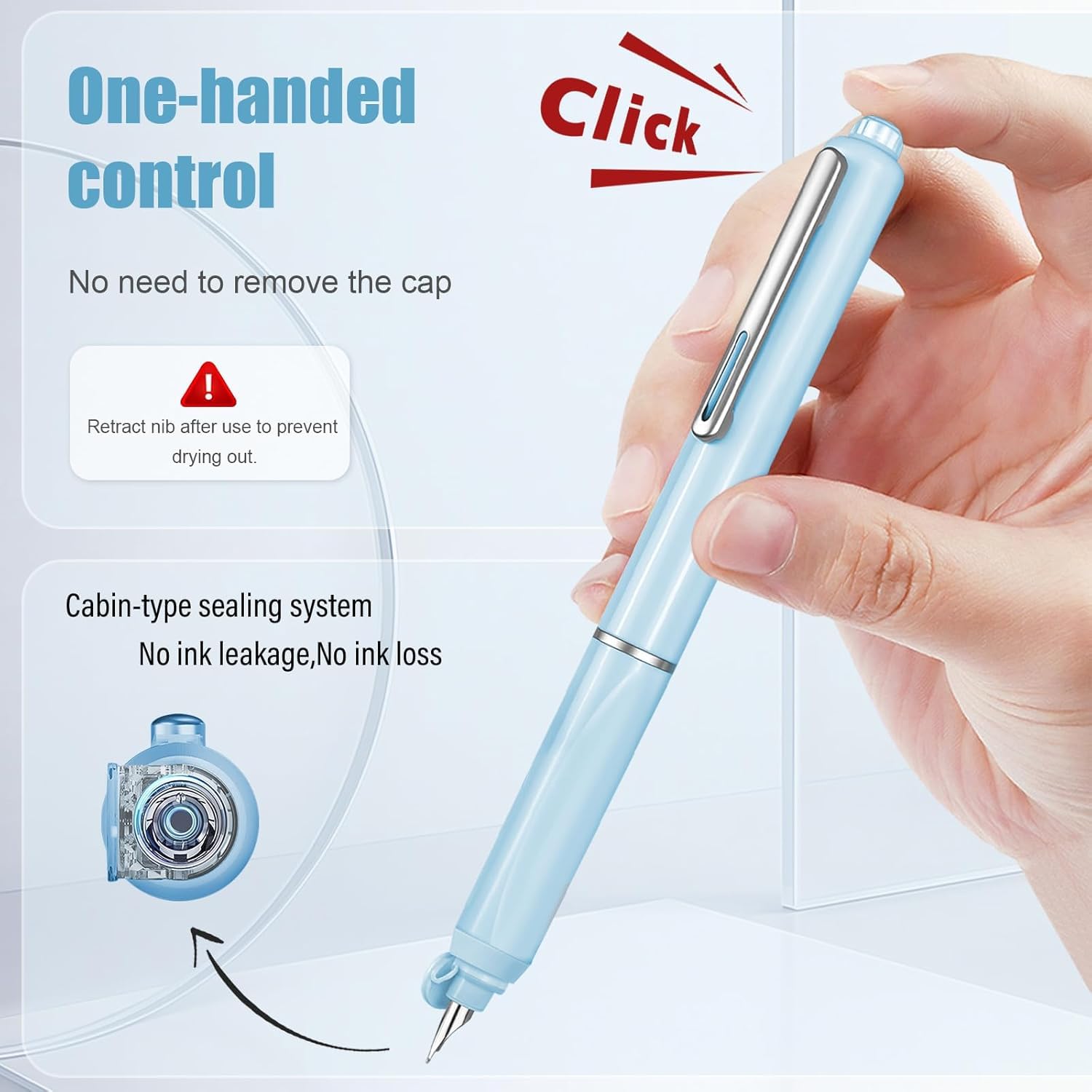 Dian Shi 1784 - Retractable Fountain Pen with 0.38mm Extra Fine Nib –  Smooth Writing, 5 Blue Ink Refills (Light Blue)