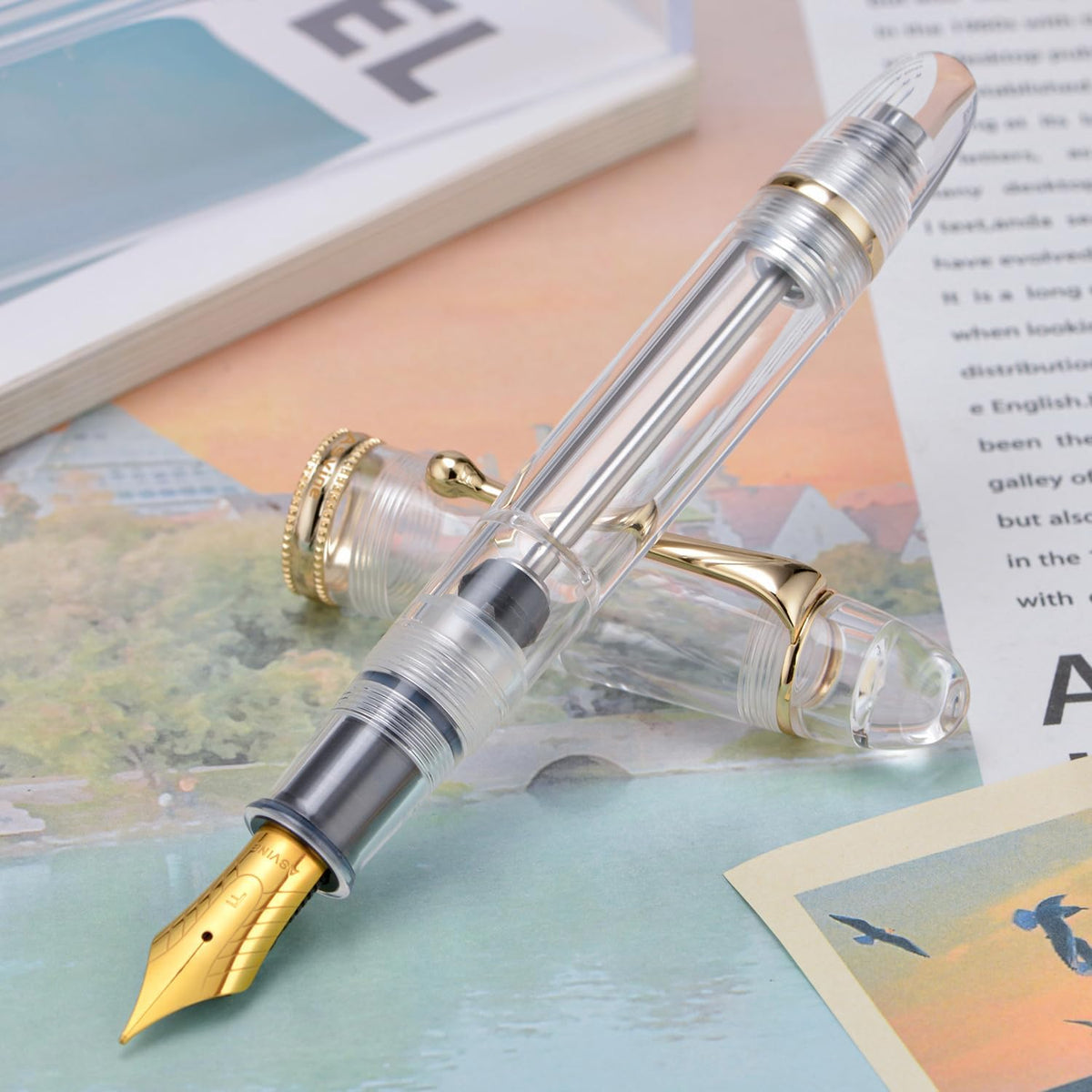 Asvine V800 Clear Demonstrator Vacuum Filling Fountain Pen, Size 8 Nib, Gold Trim