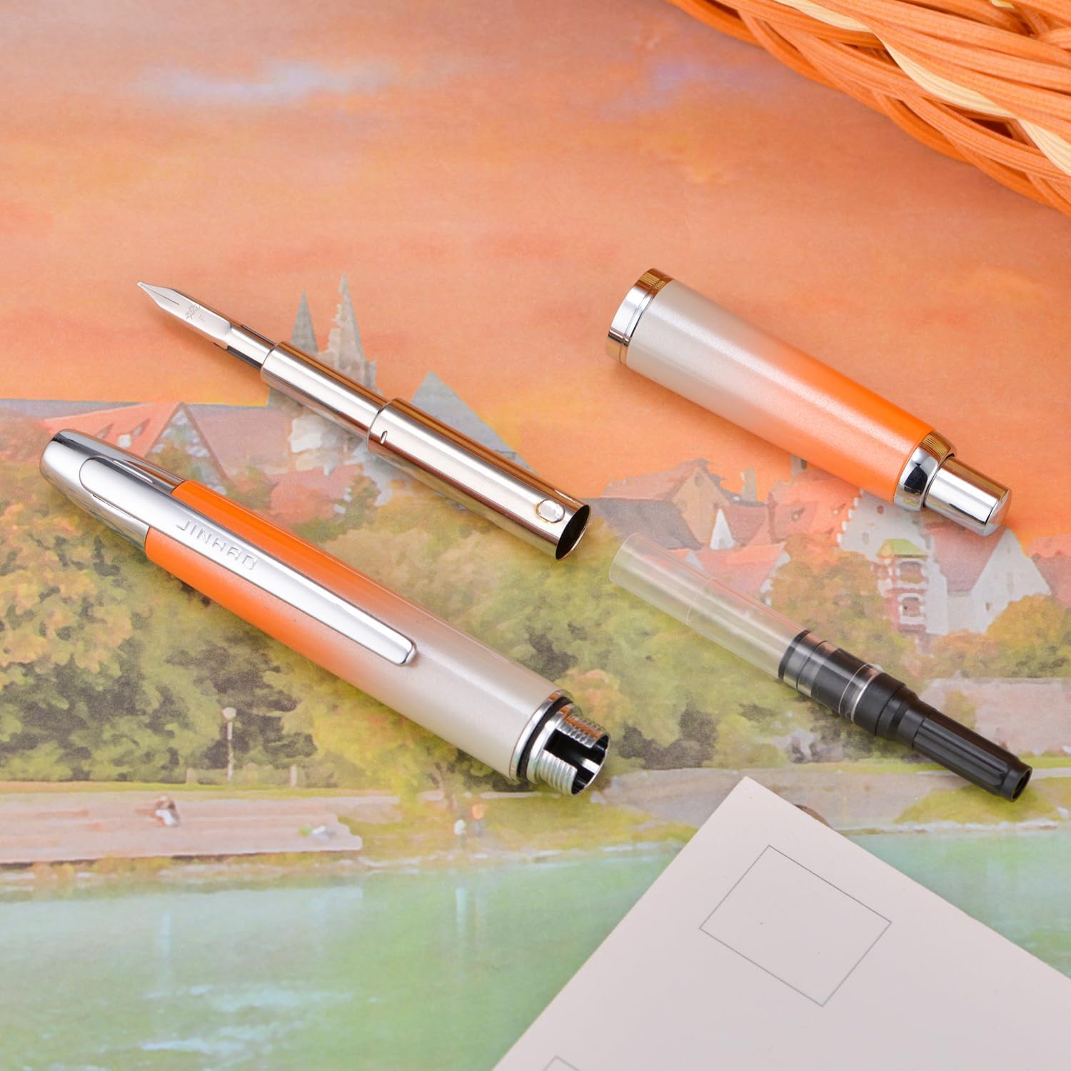 Jinhao 159 Fountain Pen – General Orange – Includes 2 Nibs (Medium & Fine) – Silver Clip