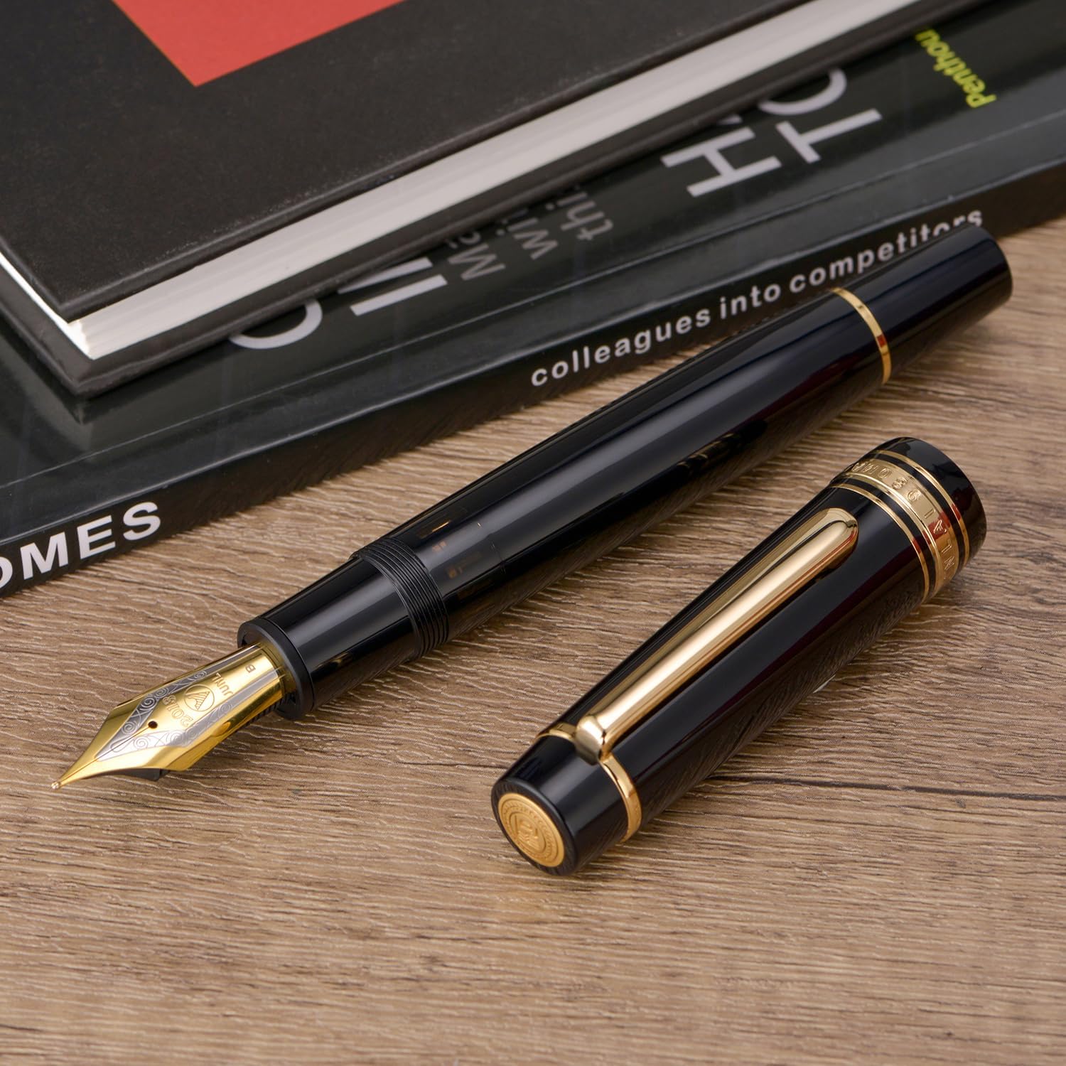 WingSung Junlai 930 Acrylic Fountain Pen – Flat Top Design with Piston Filling System, Size #9 Iridium Nib in Fine, Medium & Broad – Piano Black Fence Ink Tank with Gold Trim (No Ink)