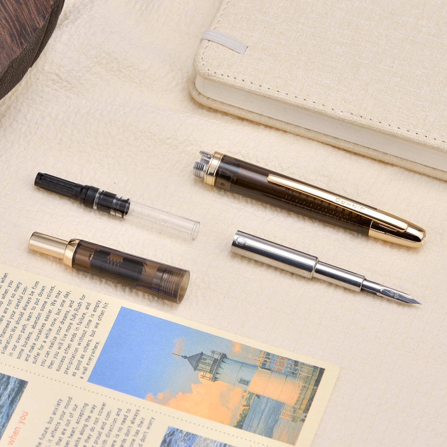 Jinhao 20 Press Retractable Fountain Pen – Transparent Black Colors – Plastic Body (Golden clip) -  Fine & Extra Fine Nib with Converter – Smooth Writing Daily Pen (No Ink Included)