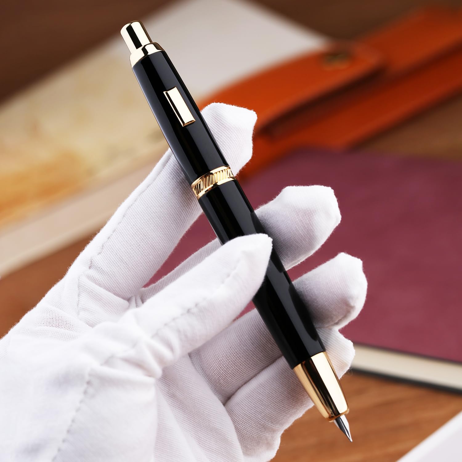 Moonman A1 Press Fountain Pen – Fine Nib Retractable Black & Gold Writing Set with Converter (No Clip Version)
