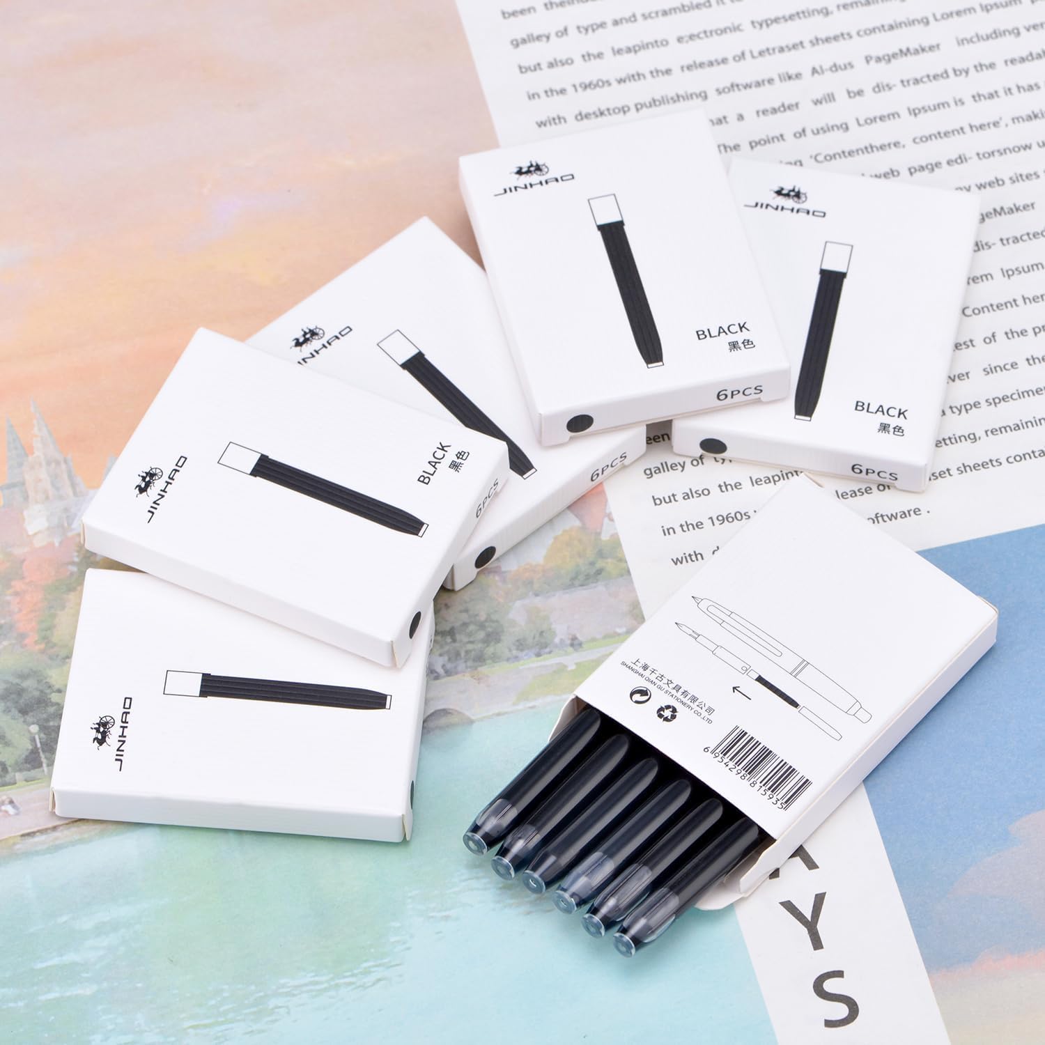 Jinhao 10 Fountain Pen Ink Cartridges – Set of 30 Black Ink Refills (5.5mm Bore) + 1 Pack Metal Protector Cap with Black Ink Cartridge
