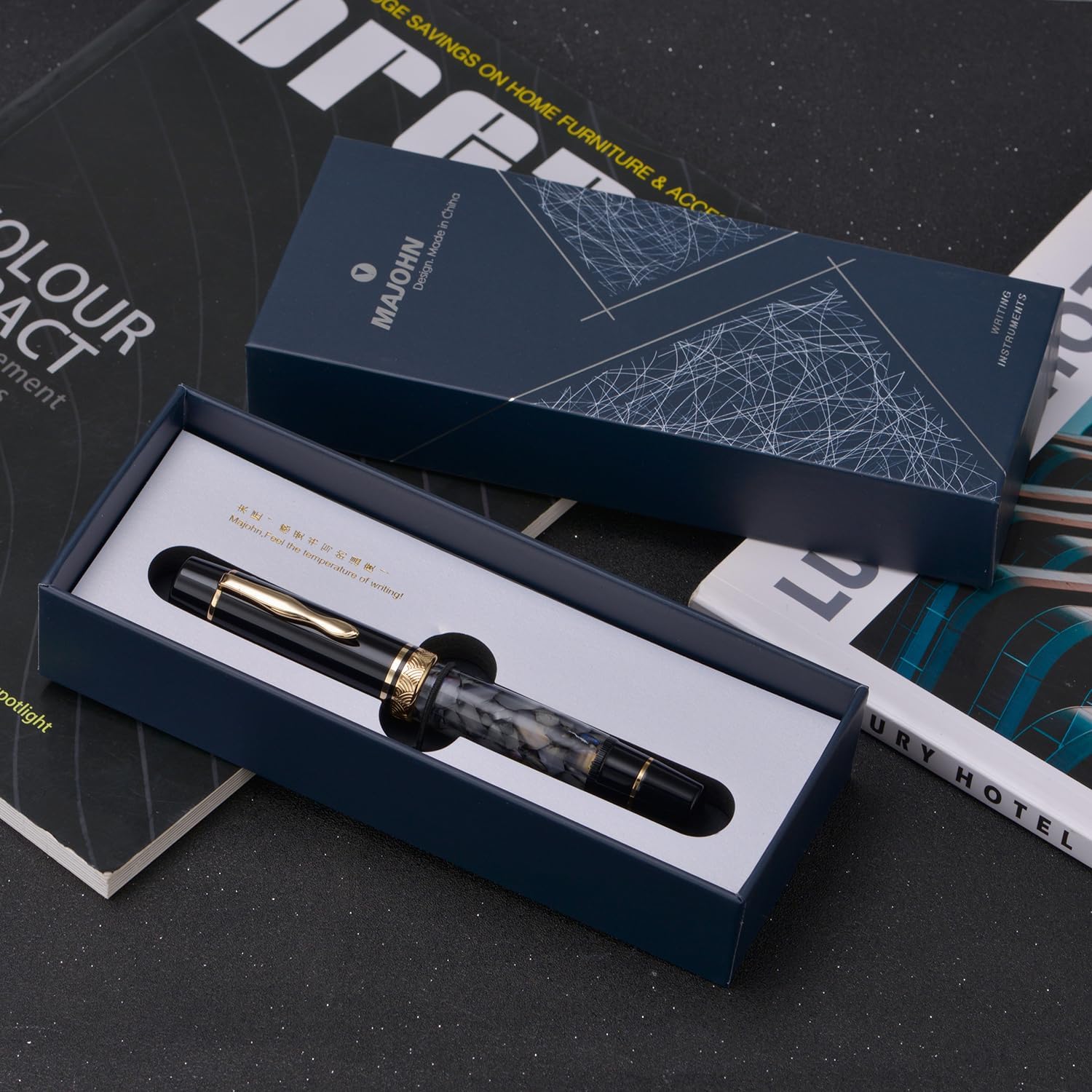 Moonman P139 Sun Carved Fountain Pen No.8 – Fine & Medium Nibs with Box, Gray Marble Acrylic, Large Capacity