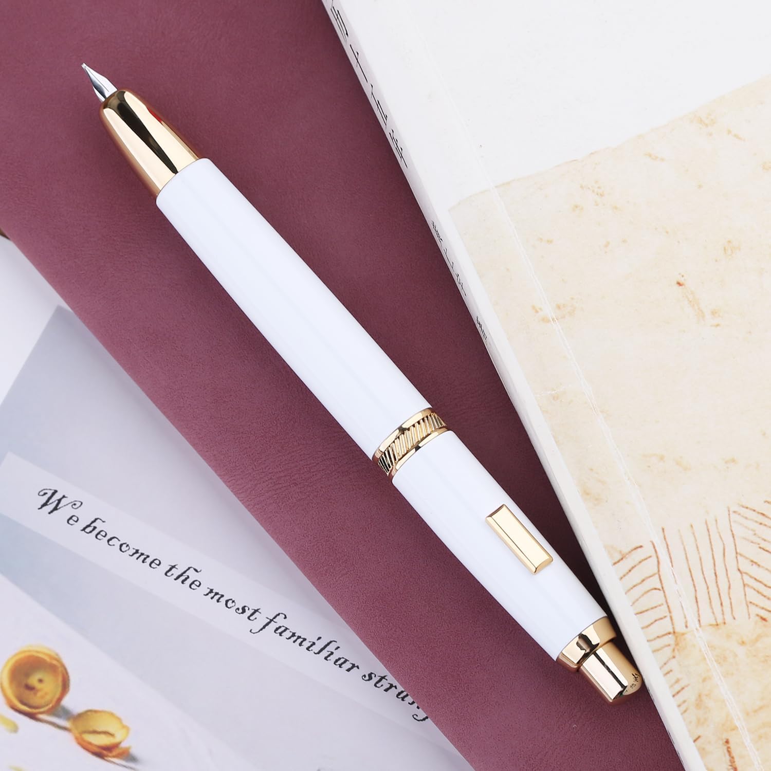 Moonman A1 Press Fountain Pen – Extra Fine Nib, Retractable White & Gold Writing Set with Converter (No Clip Version)