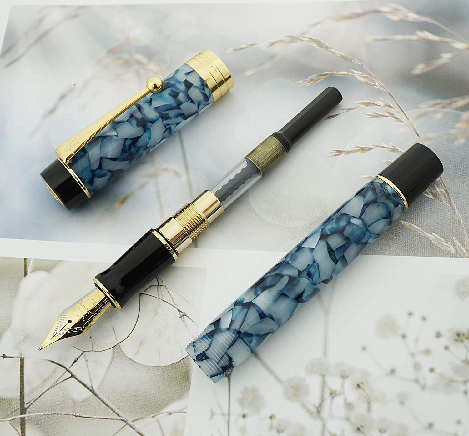 Jinhao 100 Classic Fountain Pen Blue White Celluloid, Fine Nib with Converter