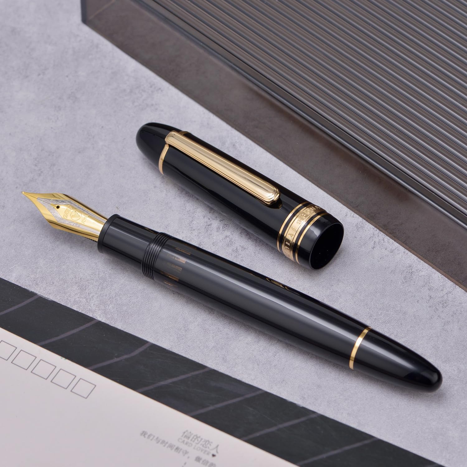 WingSung Junlai 930 Acrylic Fountain Pen, Size 9 Medium Nib with Piston Filling System, Piano Black Fence Ink Tank Design Smooth Writing Pen (Gold Trim)