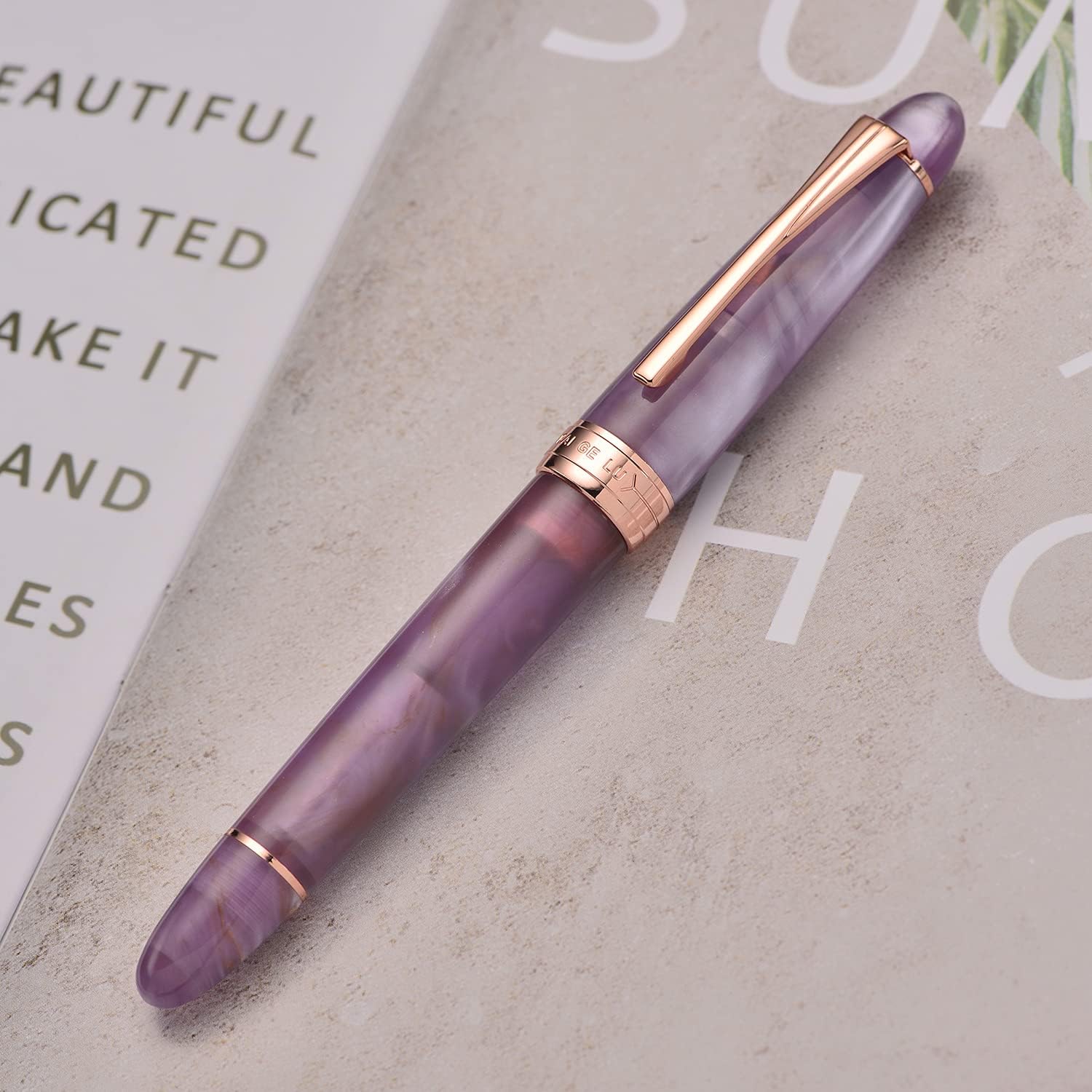 Kaigelu 356 Acrylic Fountain Pen with Rabbit Engraved Extra Fine Nib, Purple Marbled Body, Rose Gold Trim & Ink Converter