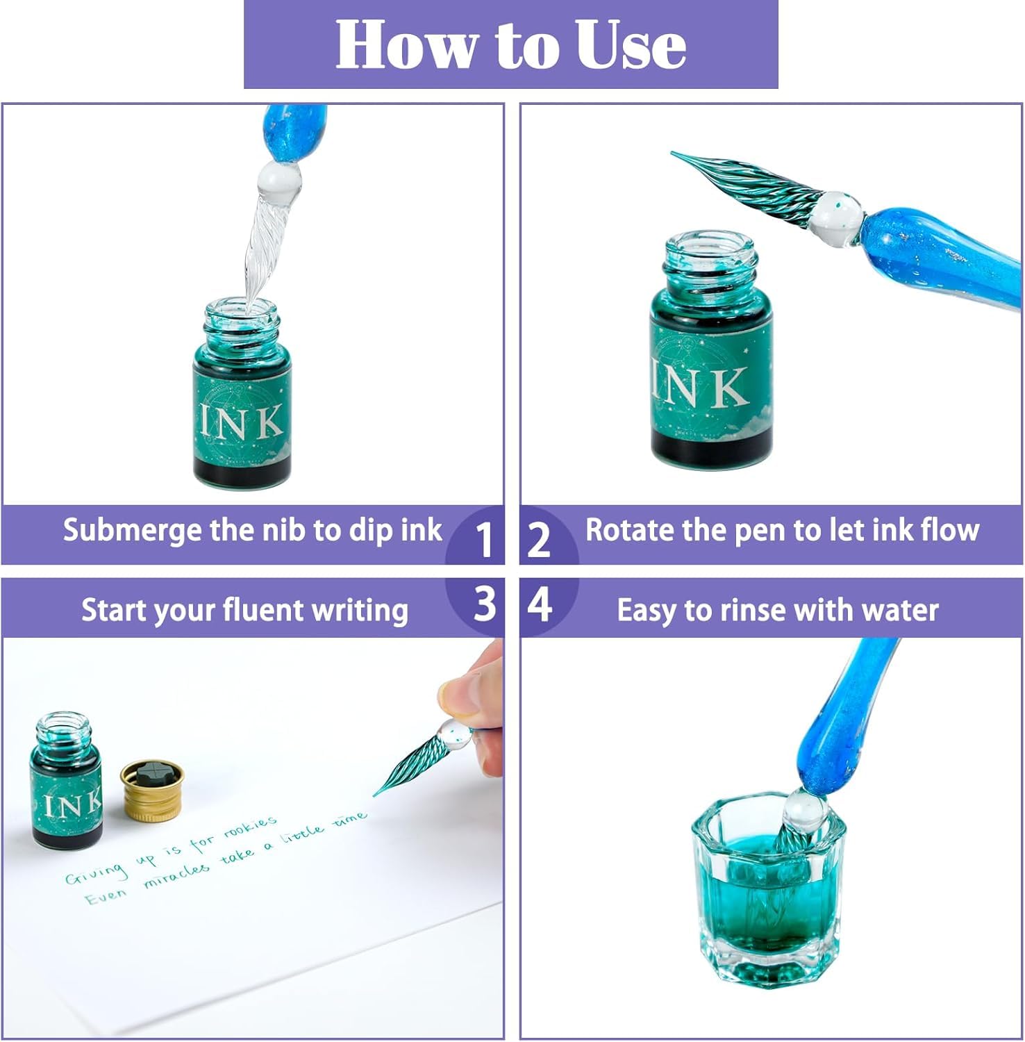Glass Dip Pen Ink Set – Multicolor Calligraphy Glass Pen with 4 Colored Inks, Pen Holder & Cleansing Cup for Writing, Drawing & Gifting