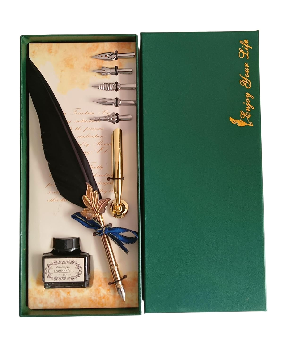 Feather Quill Pen and Ink Set – Antique Calligraphy Dip Pen with 5 Extra Nibs, Vintage Writing & Calligraphy Set