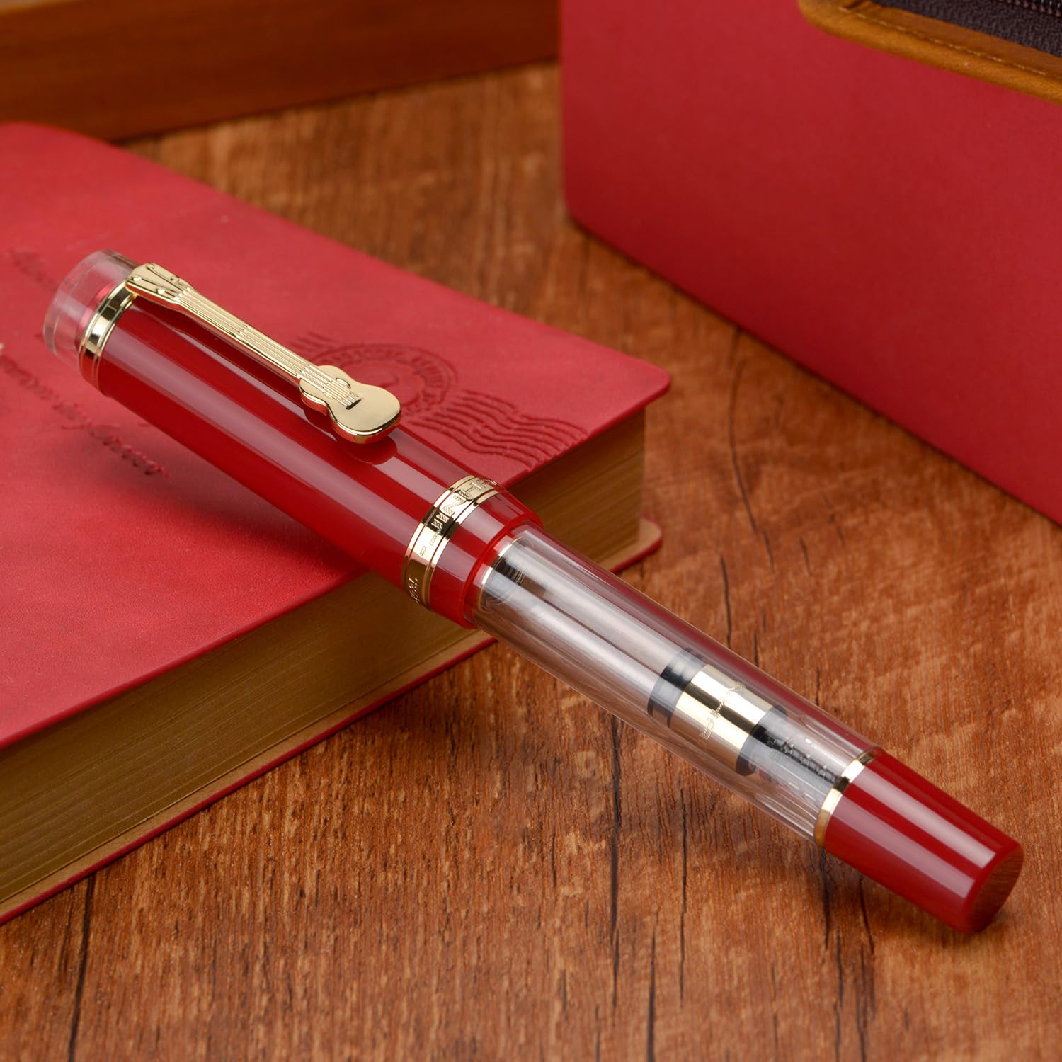 Jinhao 1935 Tiandao Series Fountain Pen – Red & Clear Acrylic Body, Dual tone Medium Nib Nib, Gold Guitar Clip With Large Converter