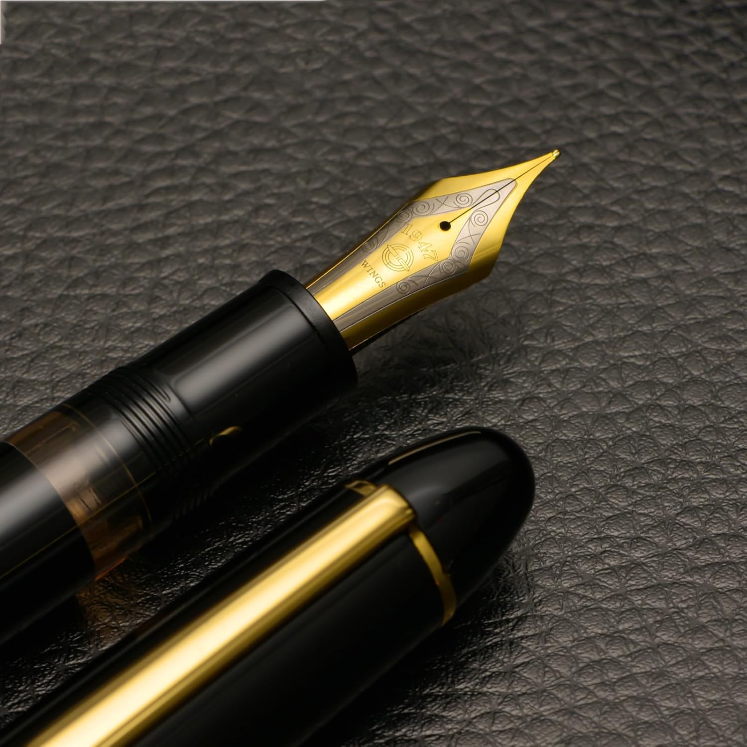 Wing Sung Junlai 630 Acrylic Fountain Pen – #8 Fine Nib, Piston Filling System, Piano Black / Maroon / Blue-Green(Transparent Ink Tank, Gold Trim)