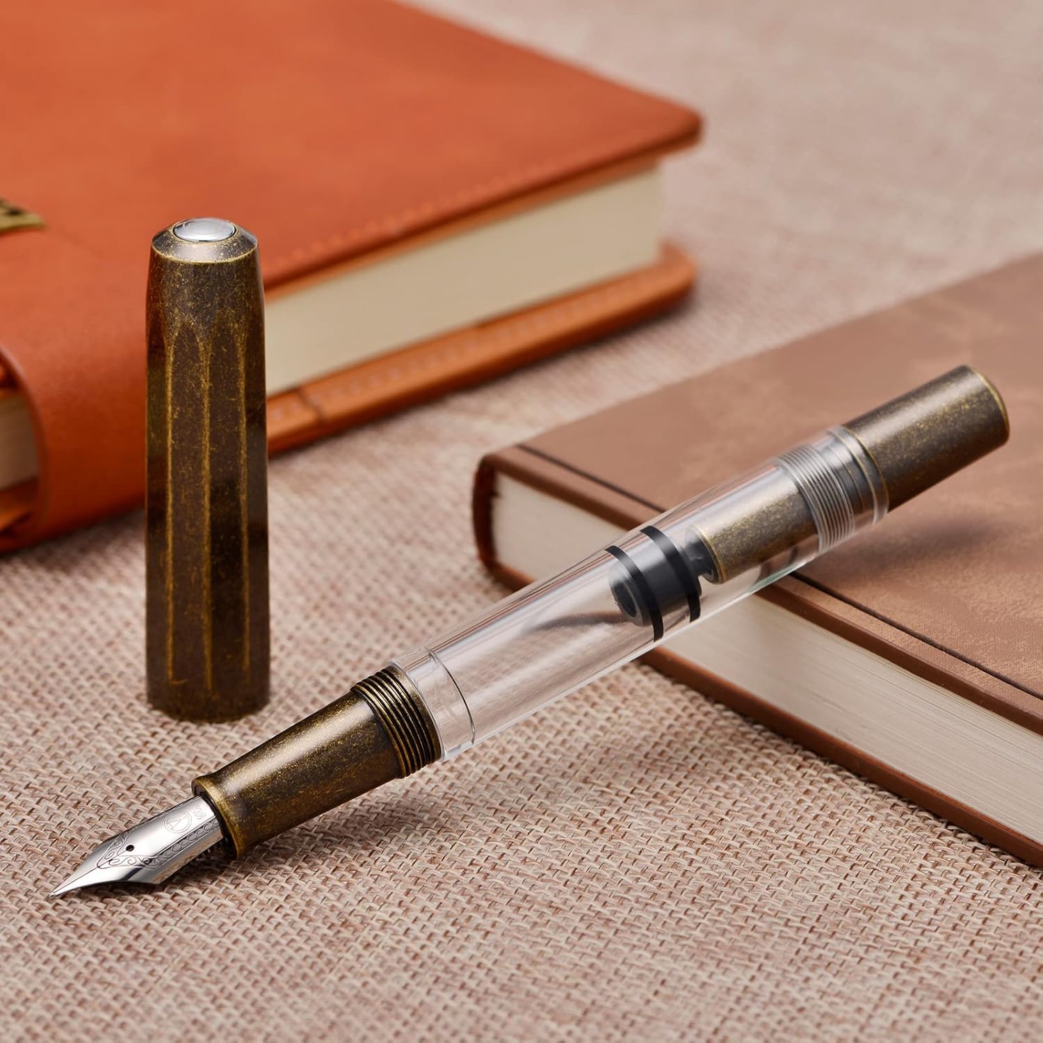 Moonman T1 Fountain Pen – Vintage Brass & Clear Body, Fine Nib, Piston Filling System, Clipless Design