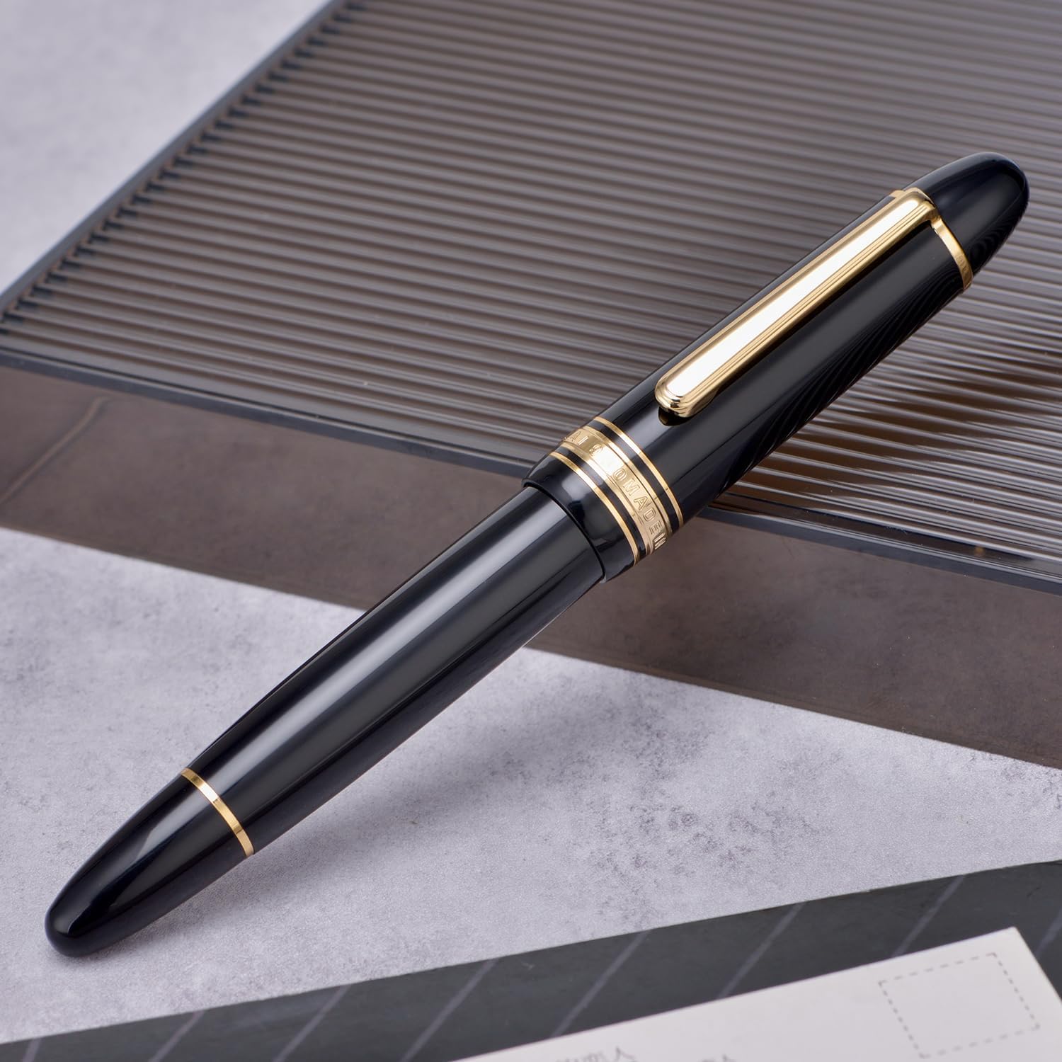 WingSung Junlai 930 Acrylic Fountain Pen, Size 9 Medium Nib with Piston Filling System, Piano Black Fence Ink Tank Design Smooth Writing Pen (Gold Trim)