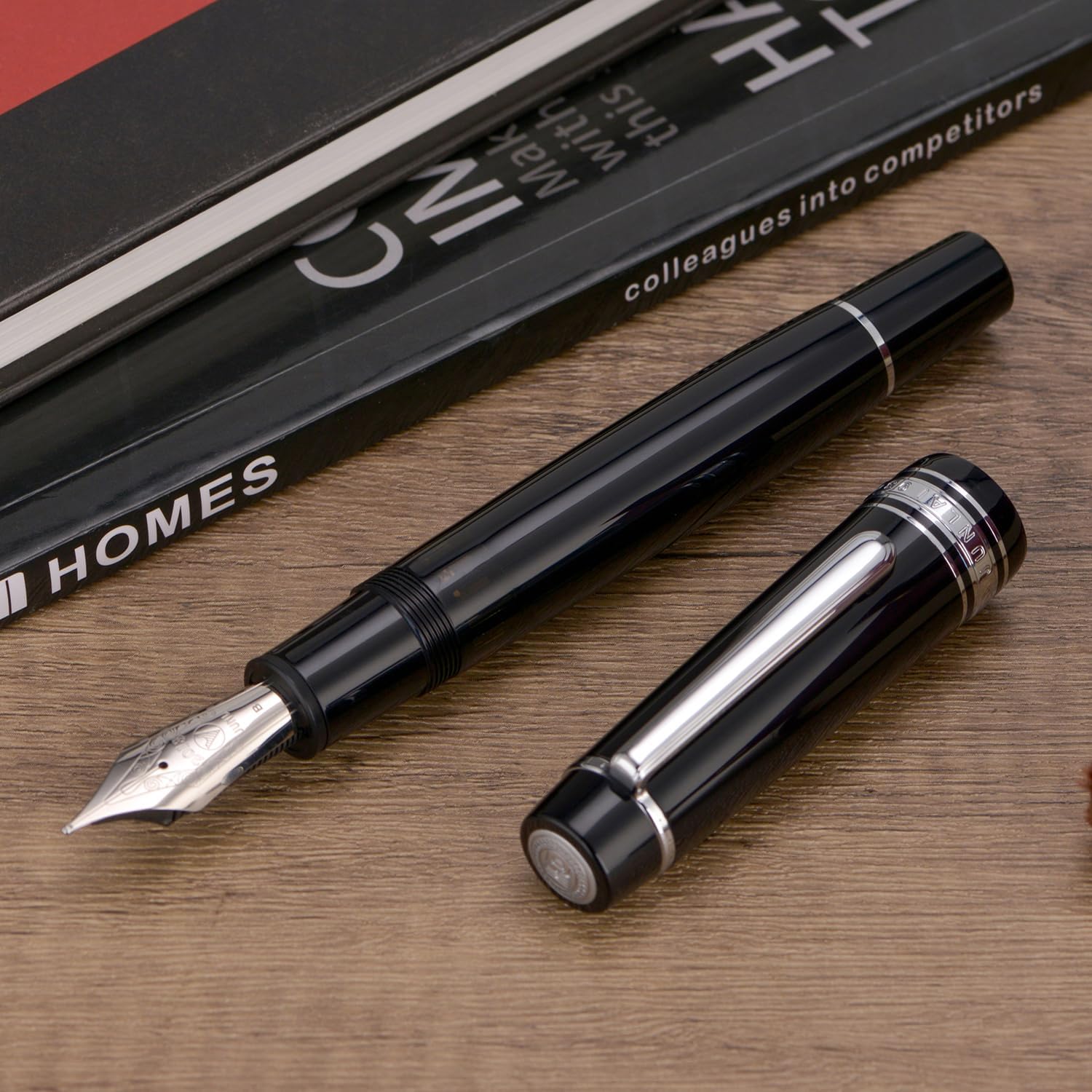 WingSung Junlai 930 Acrylic Fountain Pen – Flat Top Design with Piston Filling System, Size #9 Iridium Nib in Fine, Medium & Broad – Piano Black Fence Ink Tank with Silver Trim (No Ink)