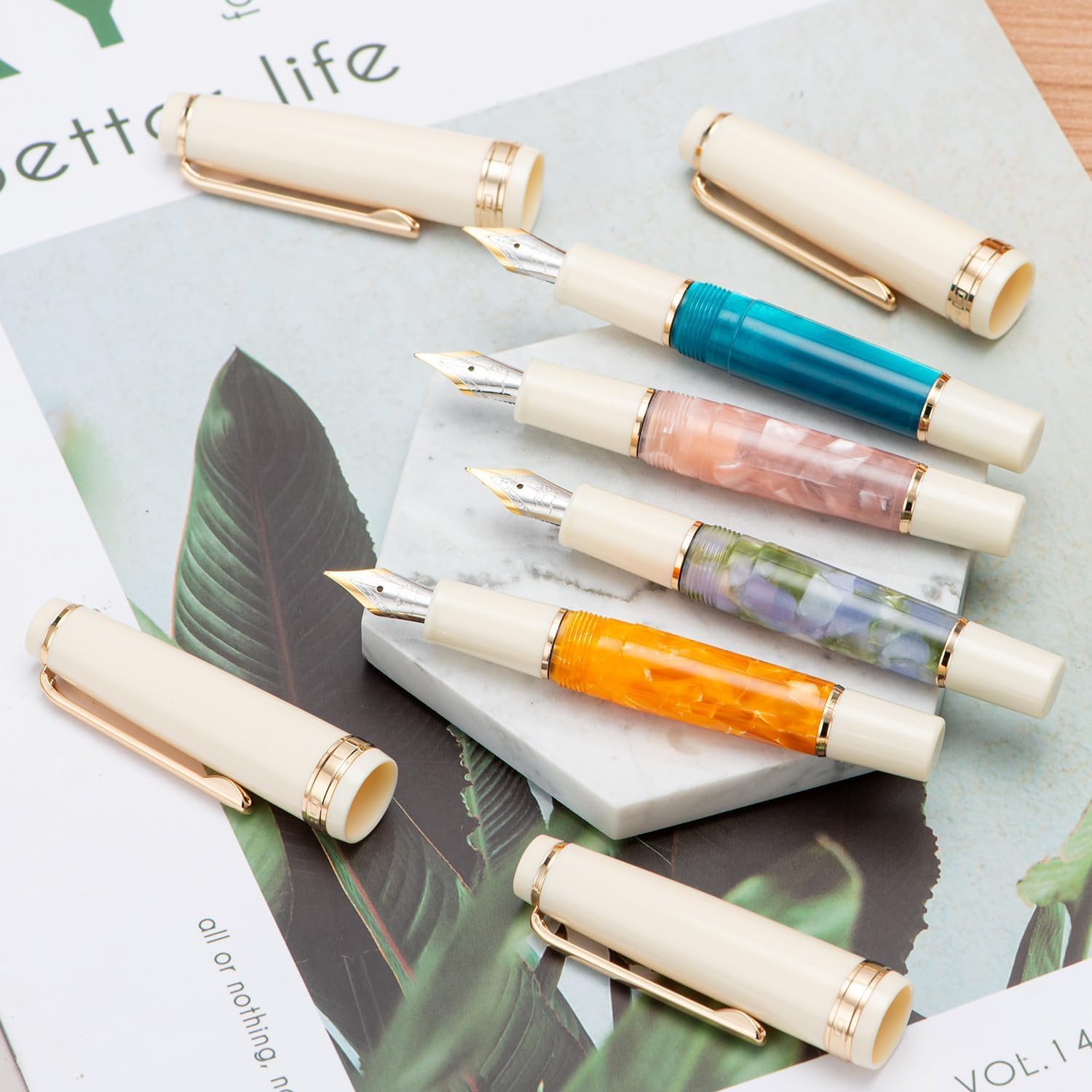 Jinhao 82 Mini Fountain Pen With Extra Fine , Smooth Writing Pocket Pen, Gold Trim, Acrylic Marble Orange, Includes Converter