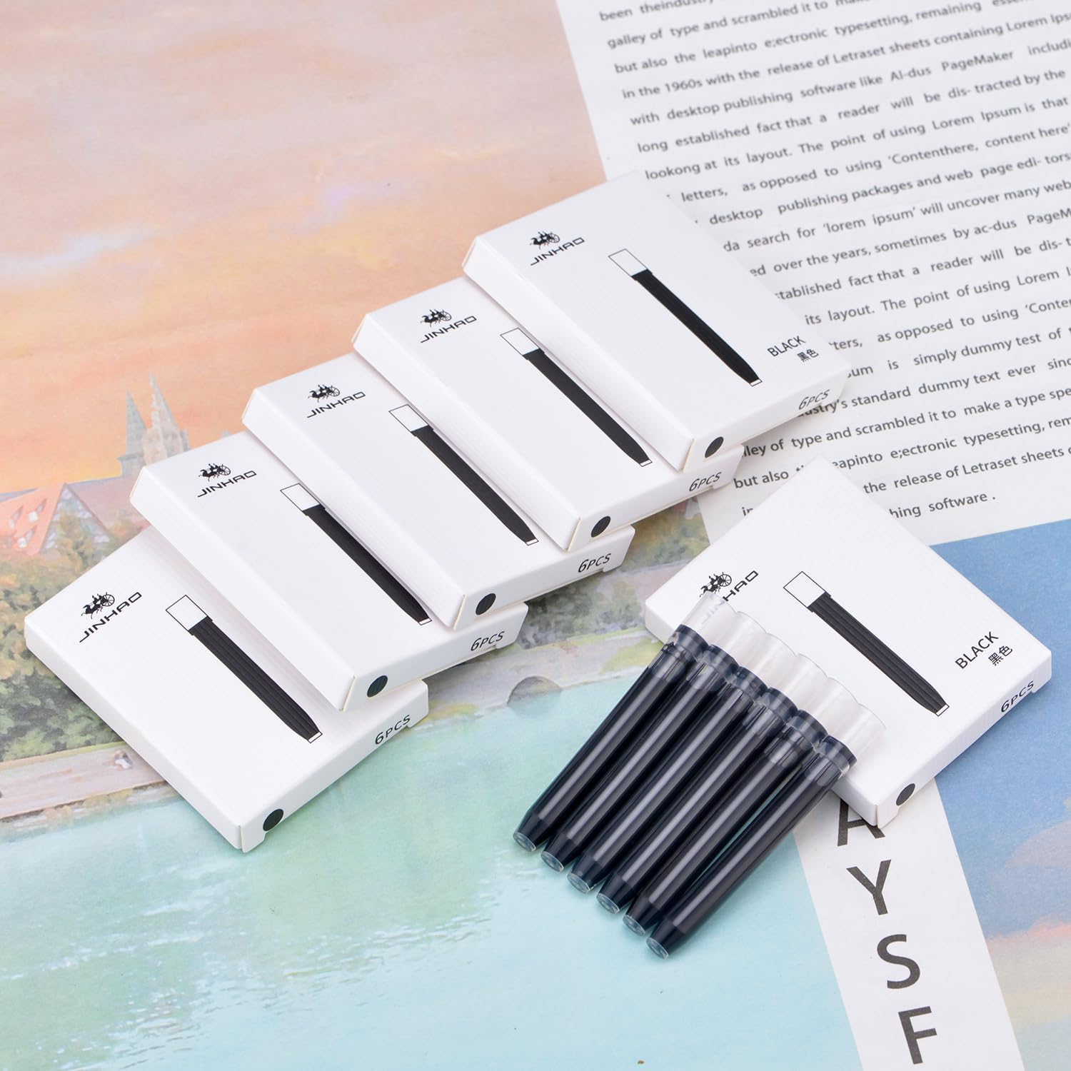 Jinhao 10 Fountain Pen Ink Cartridges – Set of 30 Black Ink Refills (5.5mm Bore) + 1 Pack Metal Protector Cap with Black Ink Cartridge