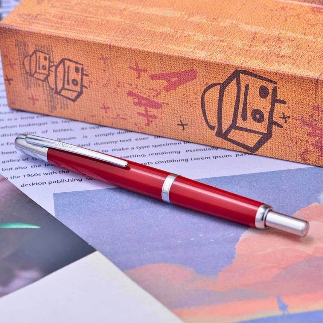Jinhao 20 Press Retractable Fountain Pen –Palace Red Colors – Plastic Body(Silver Clip) – Fine & Extra Fine Nib with Converter –  Smooth Writing Daily Pen (No Ink Included)