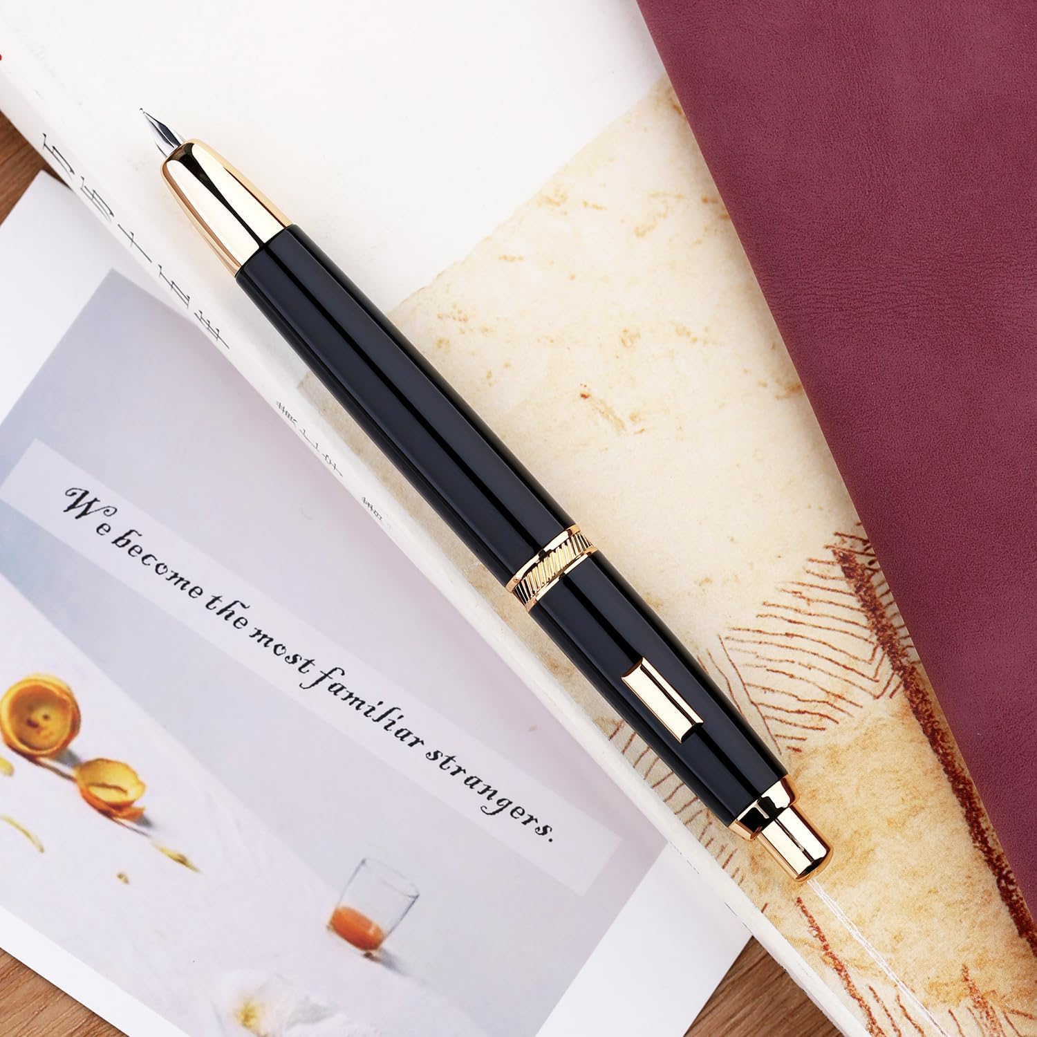 Moonman A1 Press Fountain Pen – Fine Nib Retractable Black & Gold Writing Set with Converter (No Clip Version)