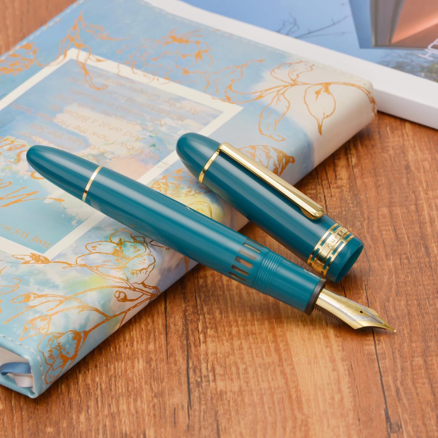 Wing Sung 630 Resin Fountain Pen – Fine Nib (#8), Piston Filling System With Transparent Fence Ink Tank, Indigo Blue / Piano Black / Wine Red (Gold Trim)