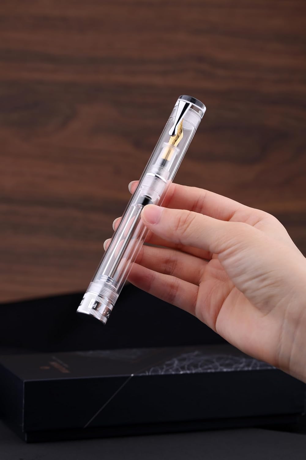 Moonman V1 Vacuum Filling Fountain Pen Extra Fine Nib, Transparent Acrylic Demonstration Writing Gift Pen with Box (Silver Clip)