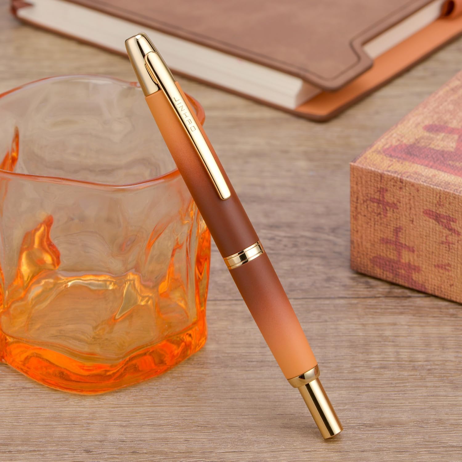 Jinhao 10 Capless Fountain Pen with Box – Marble Red & Caramel Orange, Retractable Fine Iridium Nib, Golden Clip, Ink Converter Set